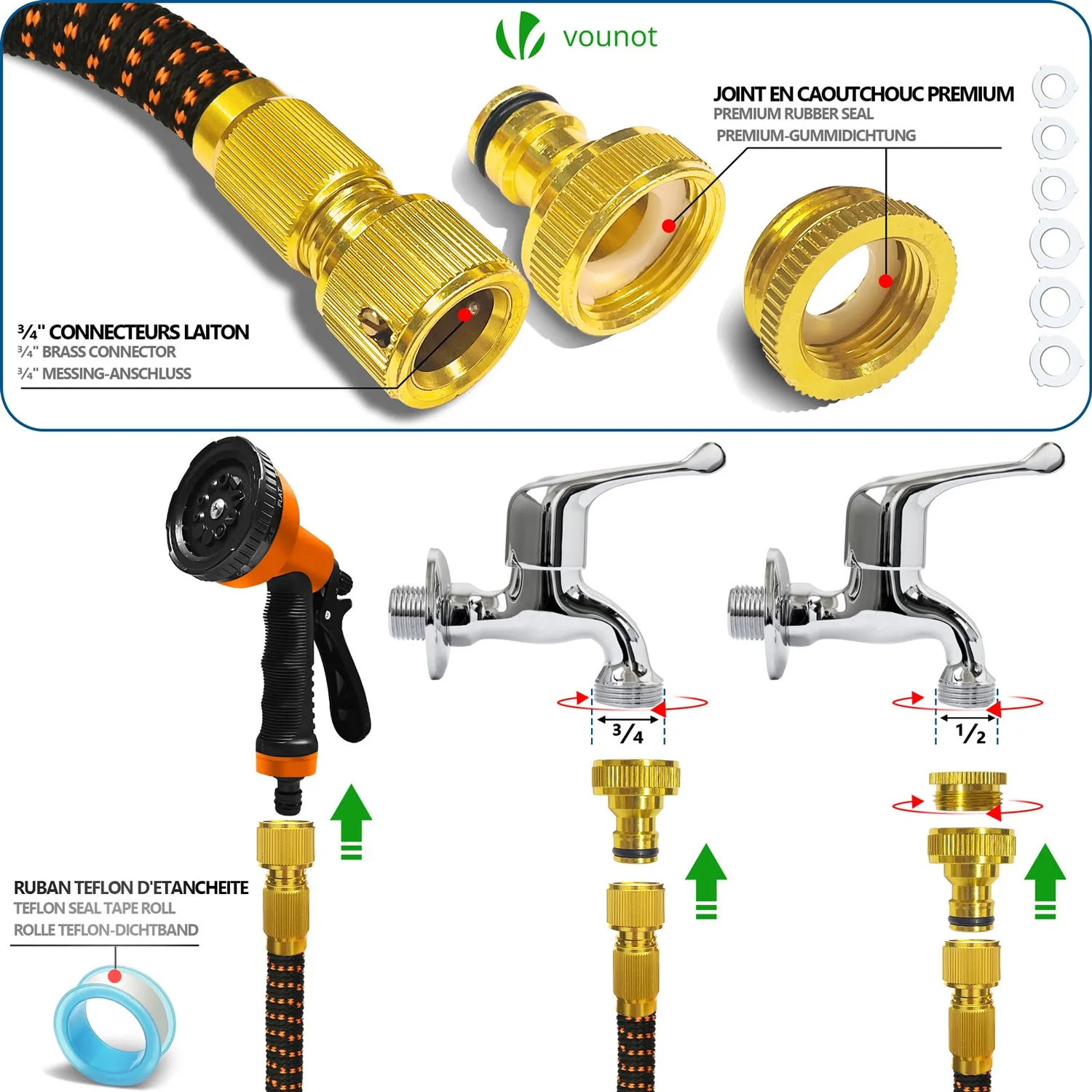 Vounot Tubo Giardino Estensibile 45m Arancione Accessori