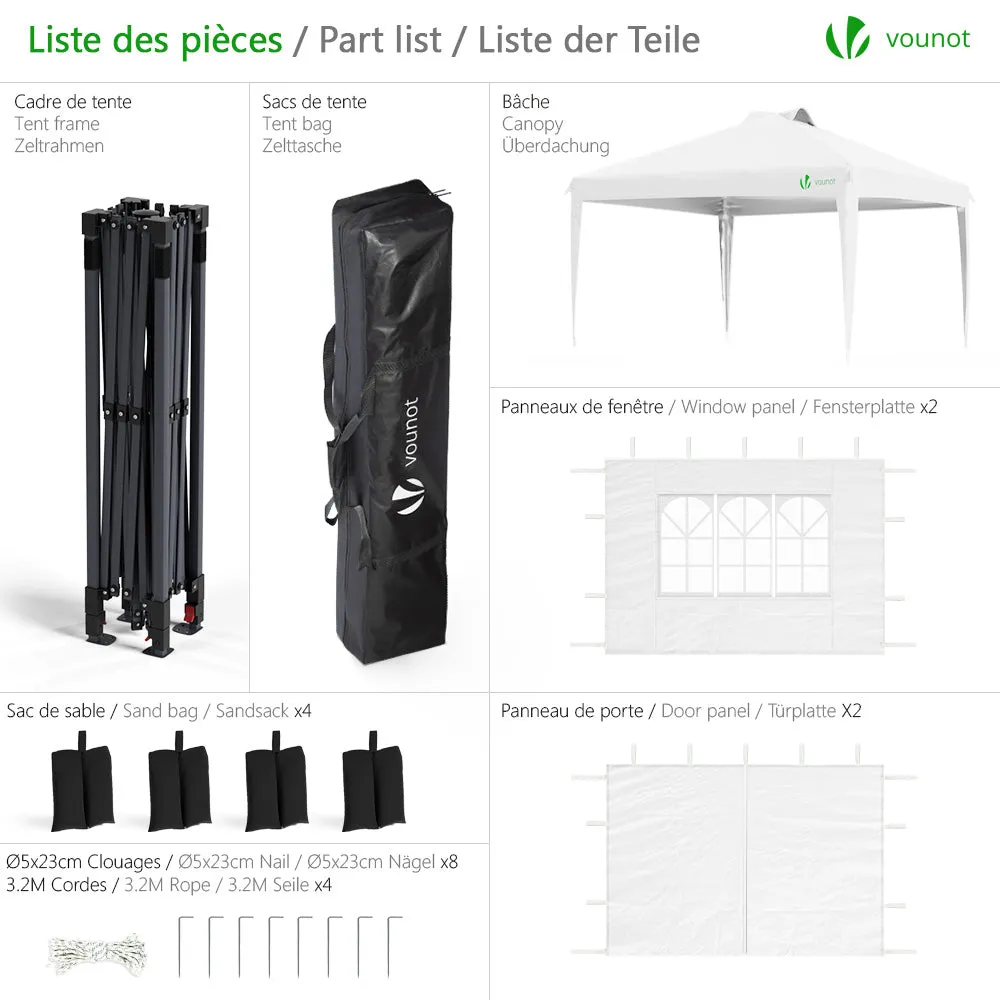 VOUNOT Gazebo pieghevole 3x3 m bianco con 4 pareti anti-UV