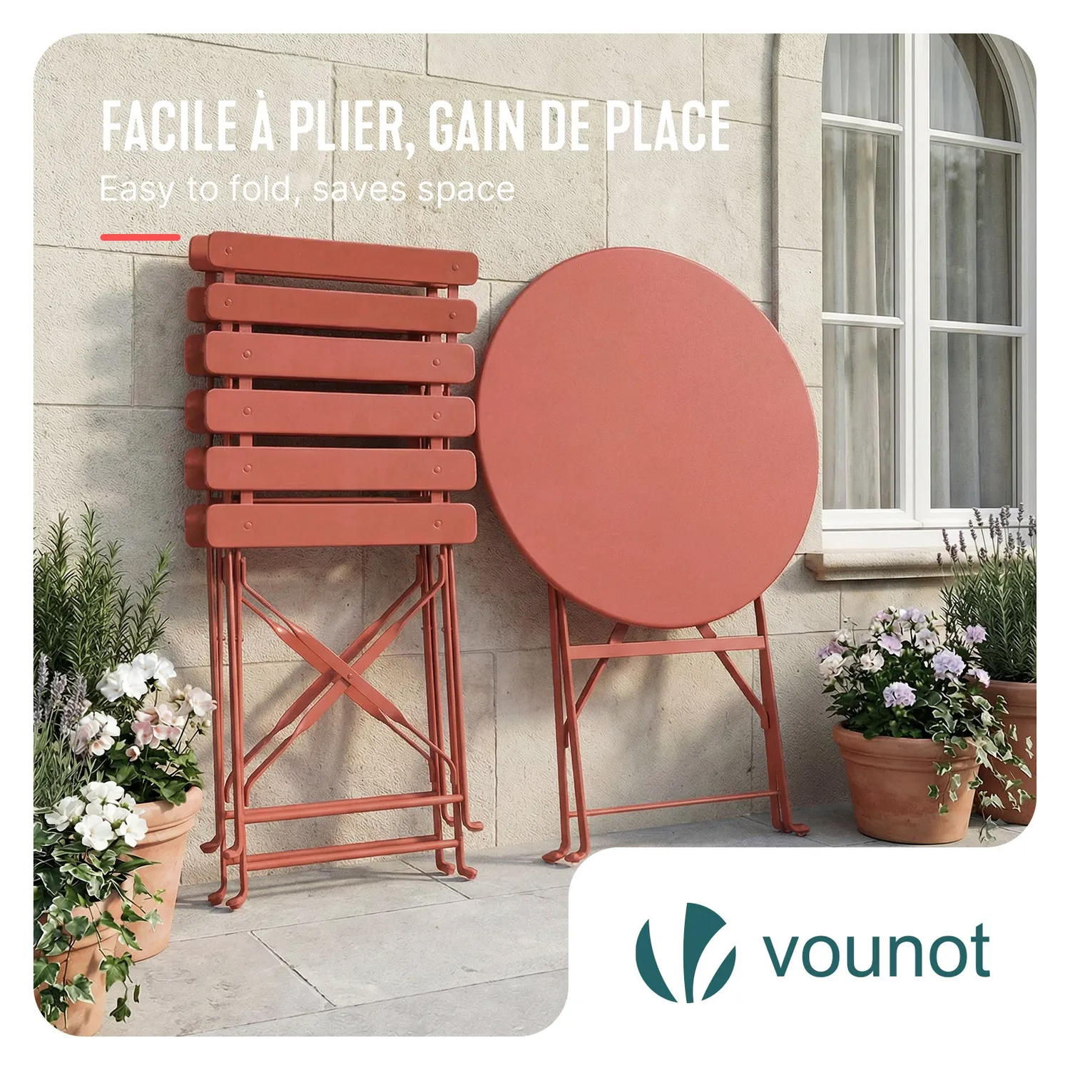 VOUNOT Set Bistrot Metallo Tavolo+2 Sedie Rosso Mattone Pieghevole