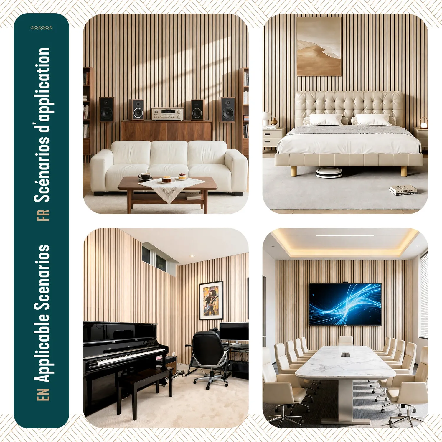 Vounot Pannelli Acustici Legno 120x60 Rovere Bianco 4 Pezzi fonoassorbenti