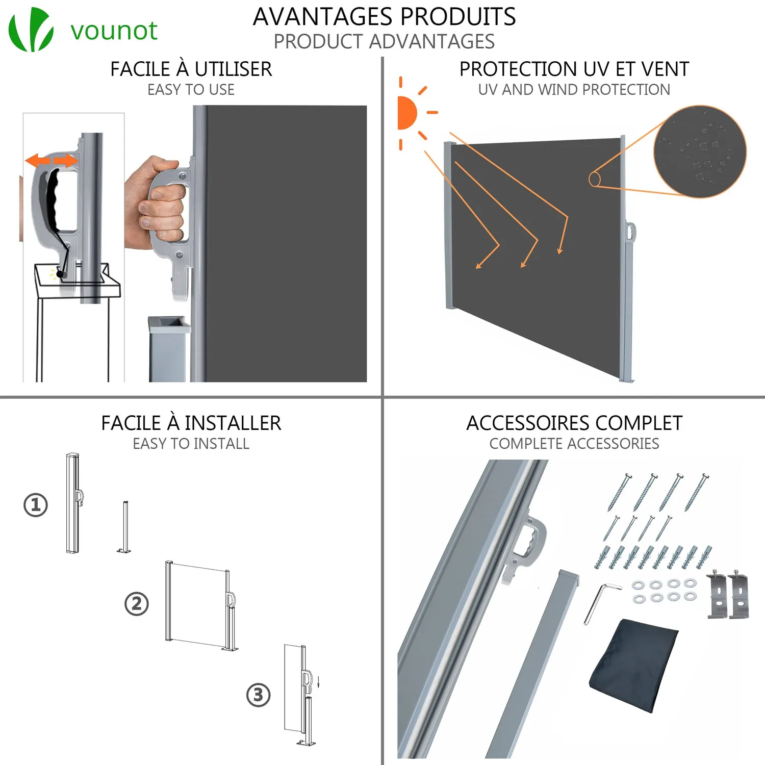 VOUNOT Tenda laterale retrattile 140x300 cm grigia con custodia