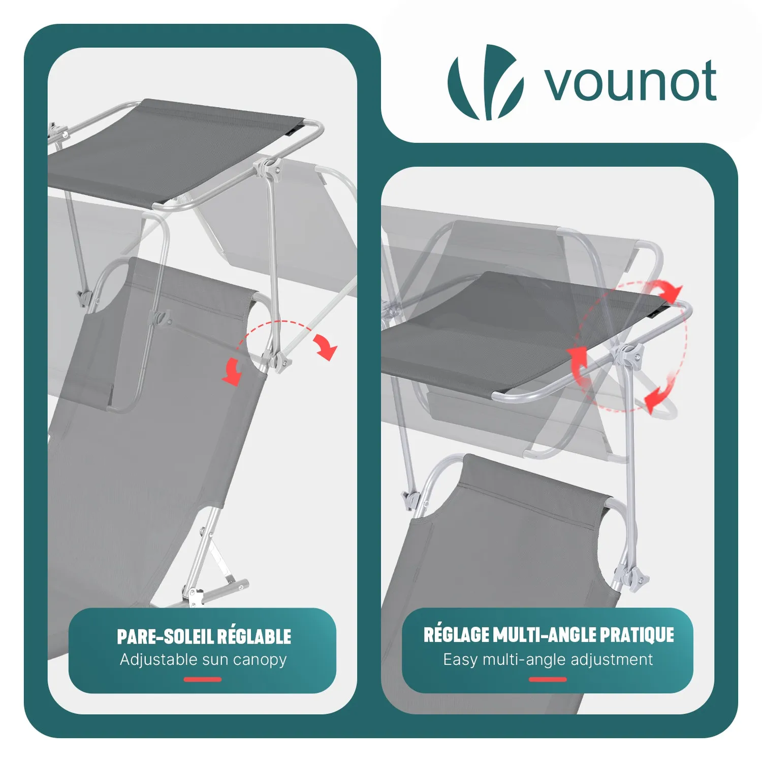 VOUNOT sdraio pieghevole con parasole grigio 2 pz