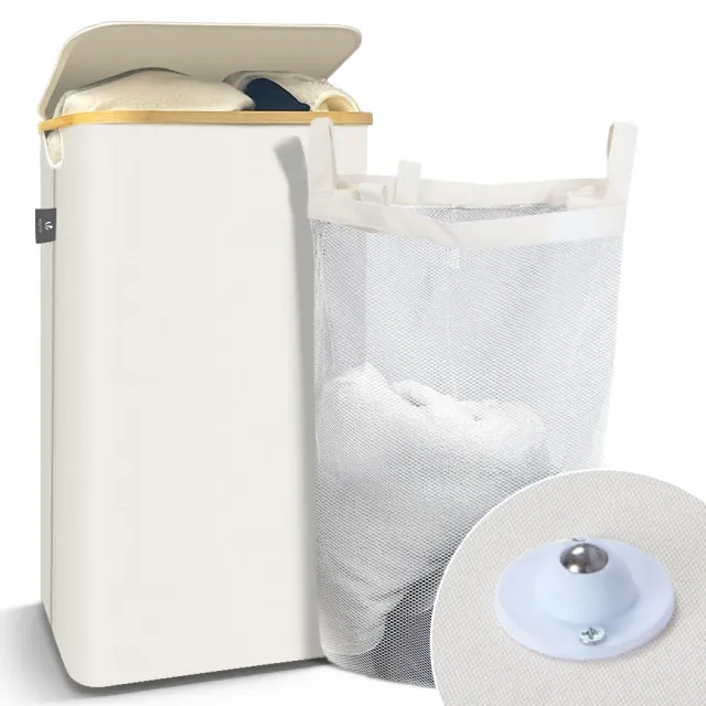 Vounot cesto portabiancheria pieghevole 100 L beige bambù