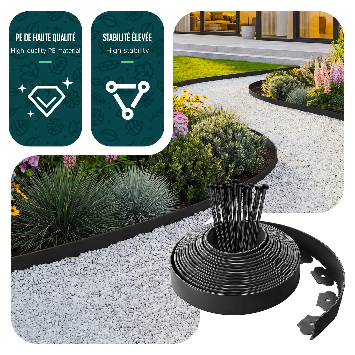 VOUNOT bordura giardino flessibile 10 m nera con picchetti