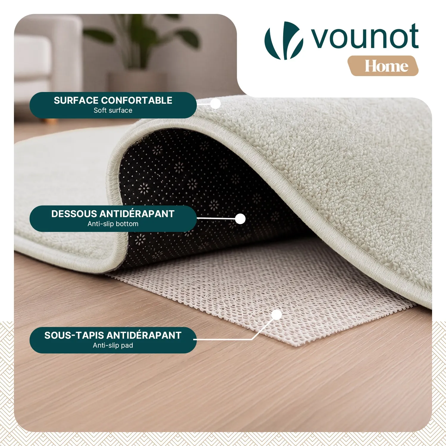 Vounot Tappeto Salotto 120x160cm Crema Pelo Raso Antiscivolo