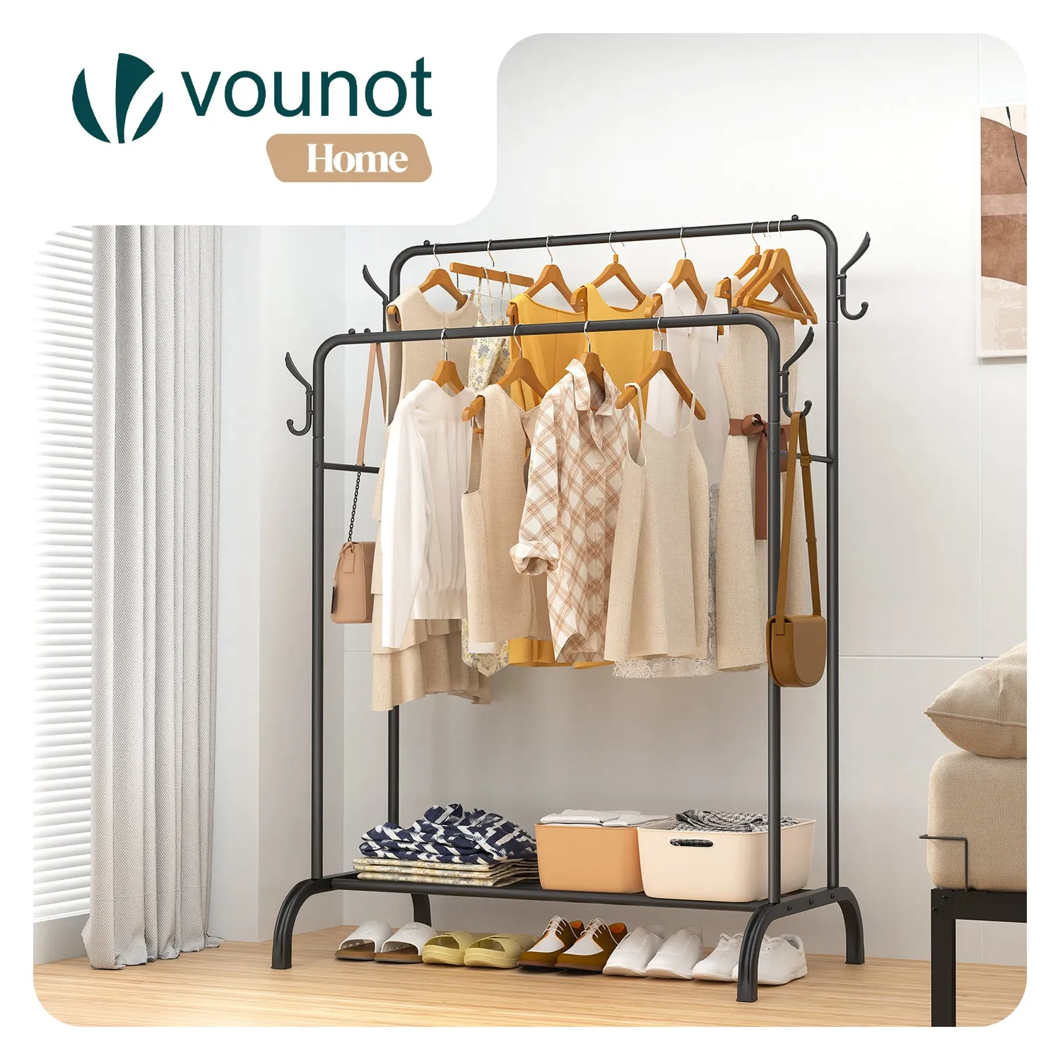 VOUNOT Stender Appendiabiti Doppio 108x58x146cm Nero