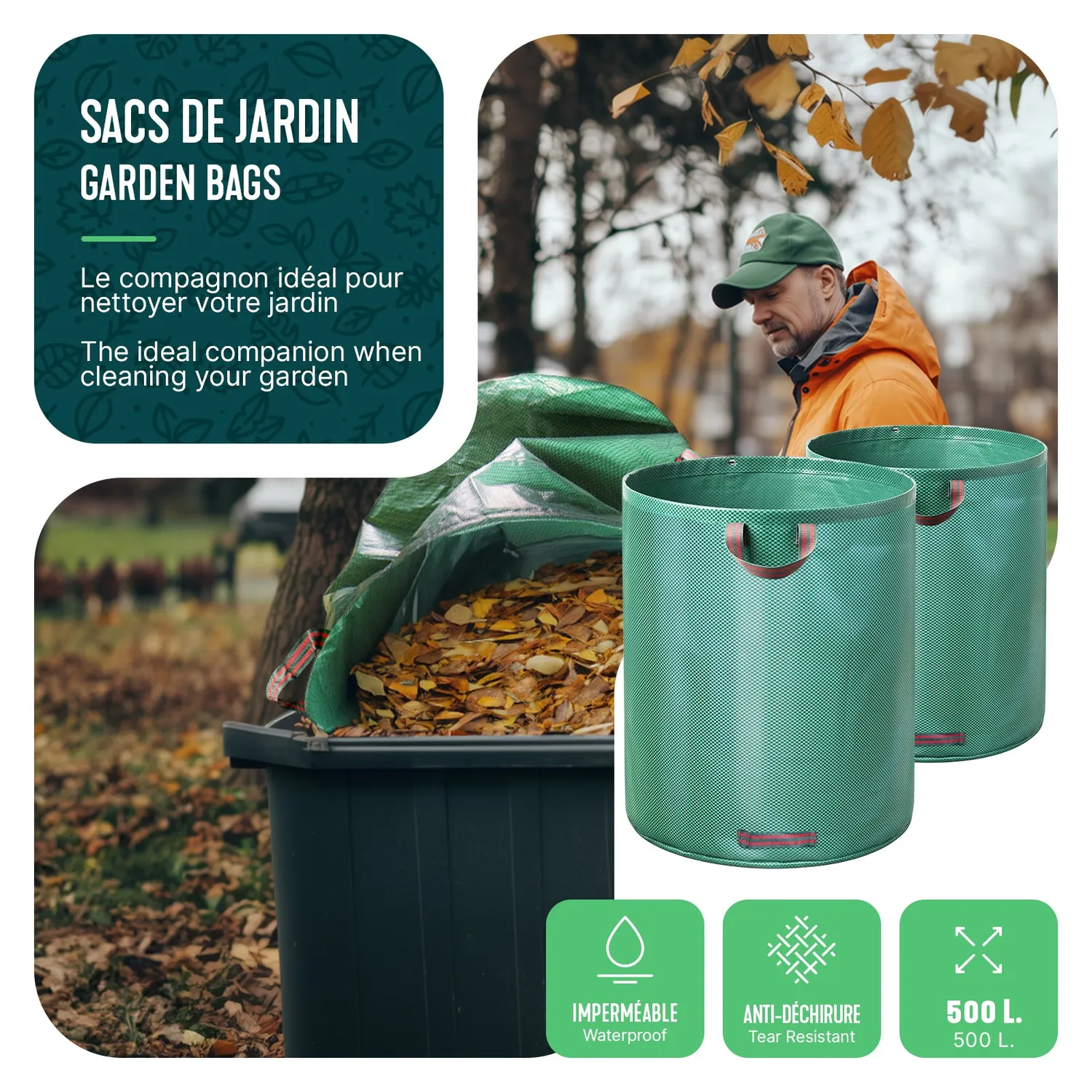 VOUNOT Sacchi giardino 500 L set 2 pezzi extra large