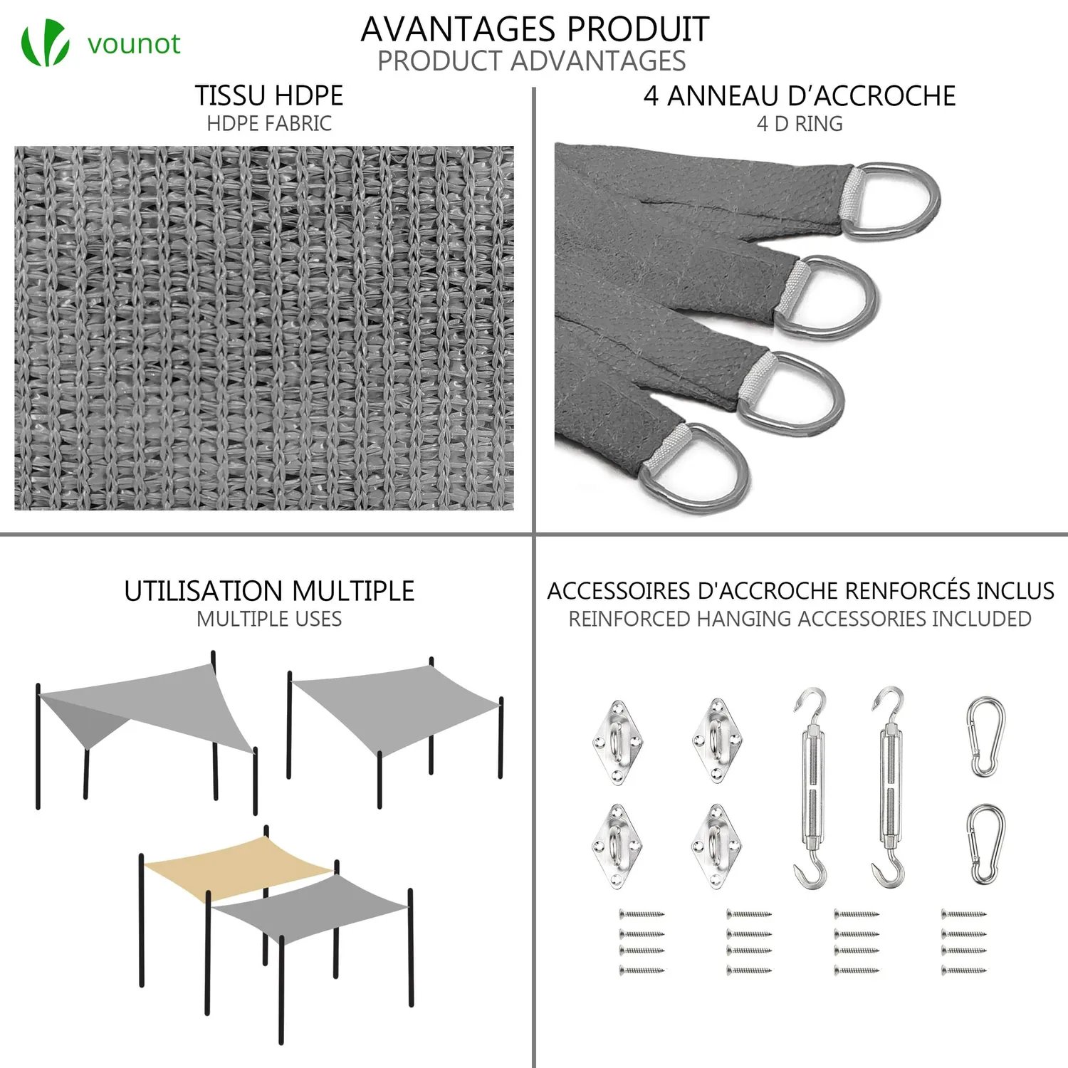Vounot vela ombreggiante rettangolare 3x2,5 m avorio kit 24pz