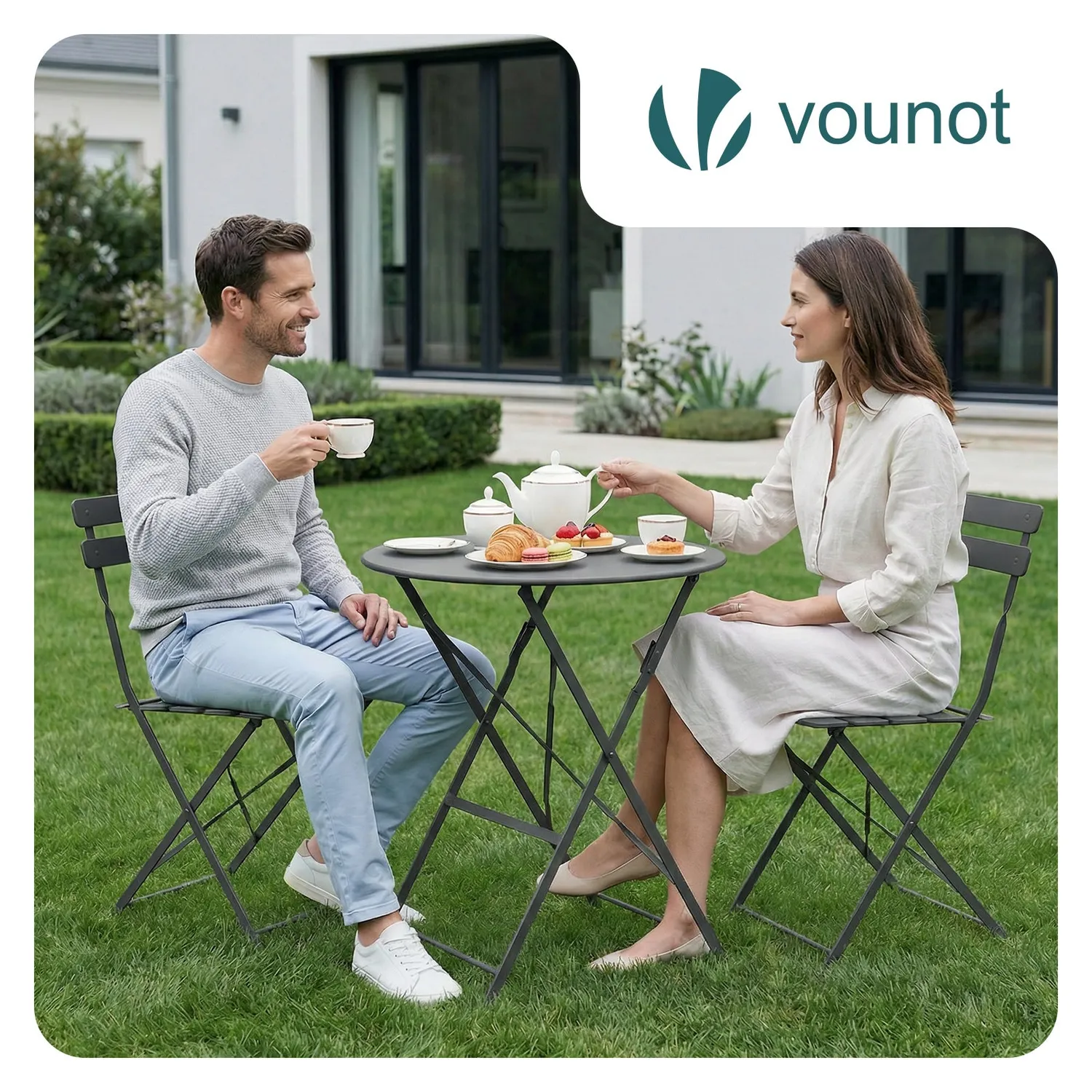 VOUNOT Set Bistrot Metallo Tavolo+2 Sedie Grigio Pieghevole