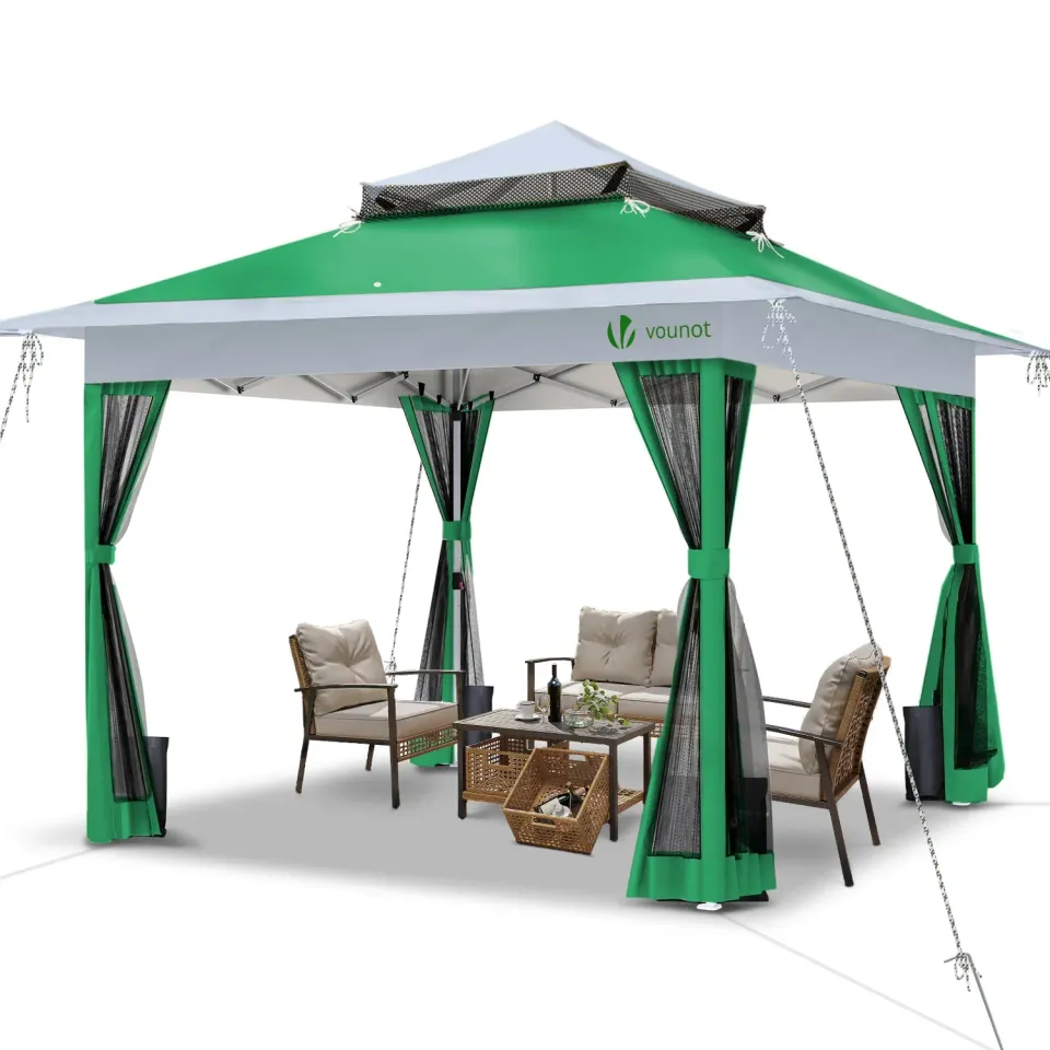 VOUNOT Gazebo pieghevole 3,6x3,6 m con zanzariera verde