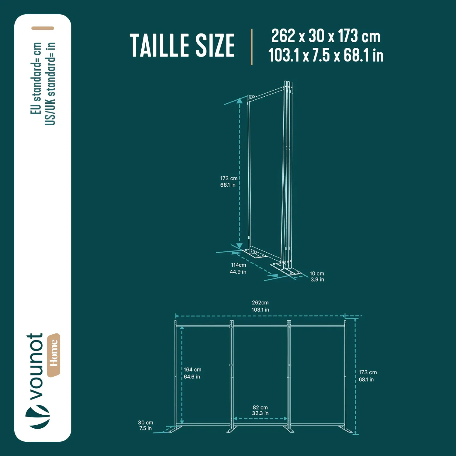 VOUNOT Paravento separè 3 pannelli 262cm beige pieghevole