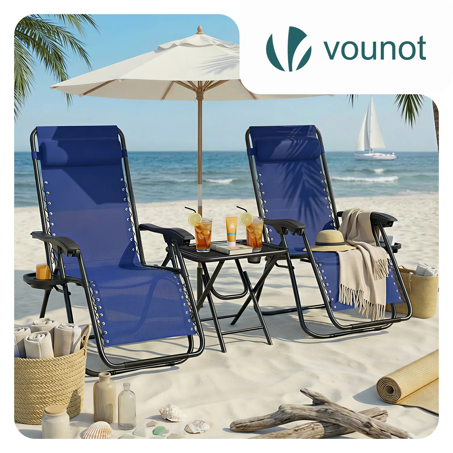 VOUNOT Set 2 sdraio reclinabili textilene blu con tavolo