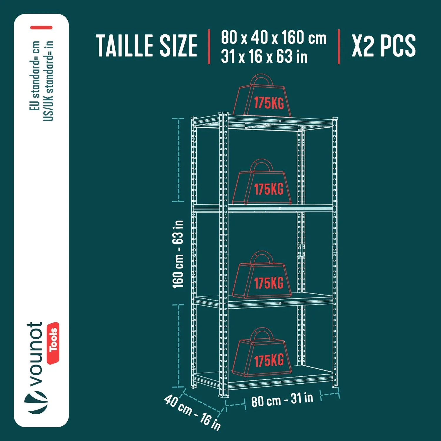 VOUNOT Scaffale Metallo 80x40x160cm 4 Ripiani 700kg 2 Pezzi