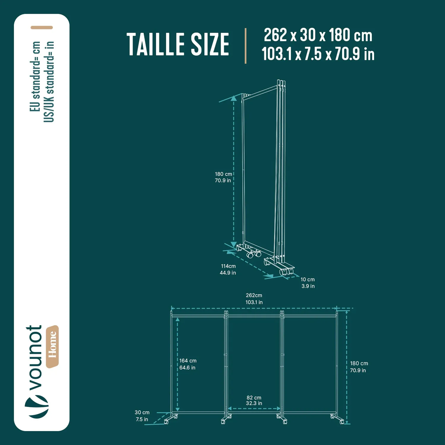 Vounot Paravento Interno 3 Pannelli con Ruote Antracite