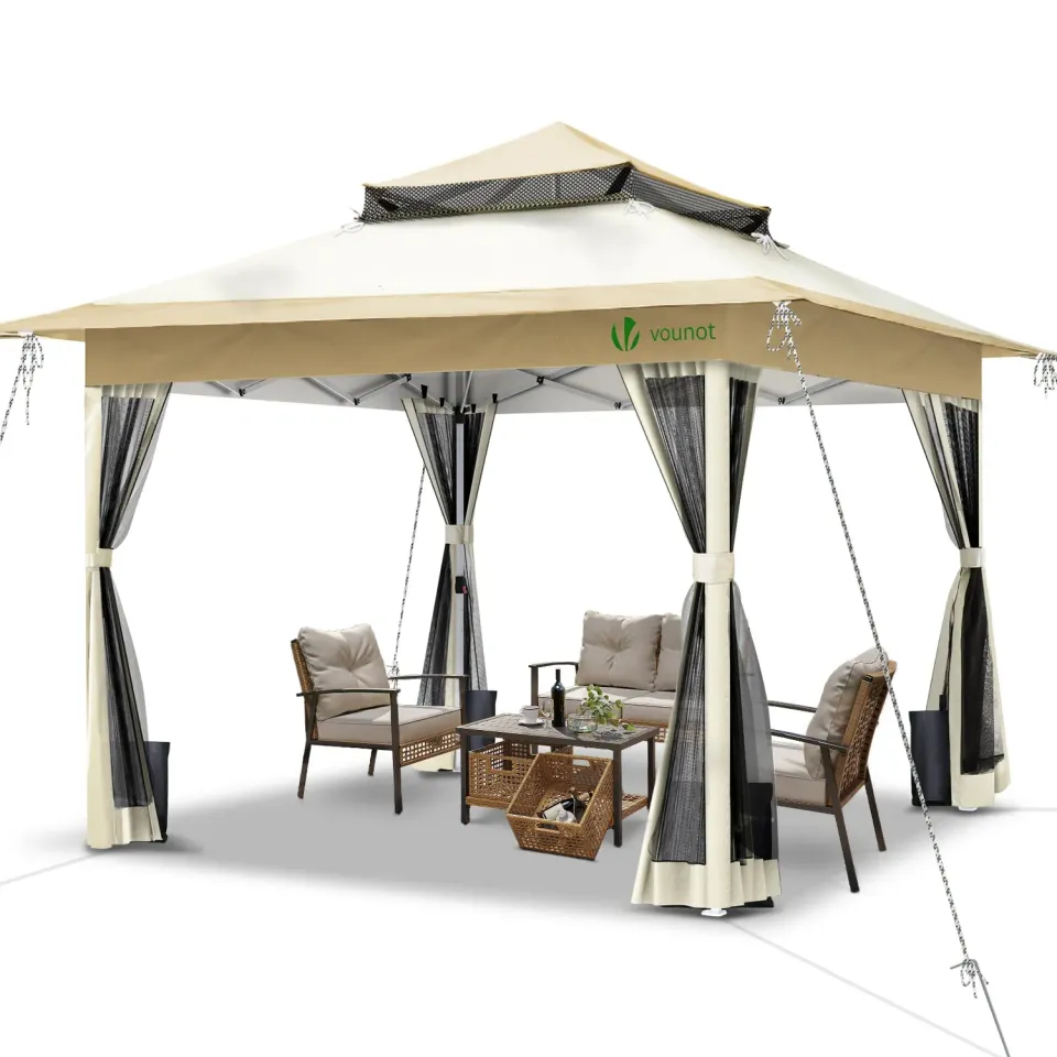 VOUNOT gazebo pieghevole 3,6x3,6 beige zanzariera