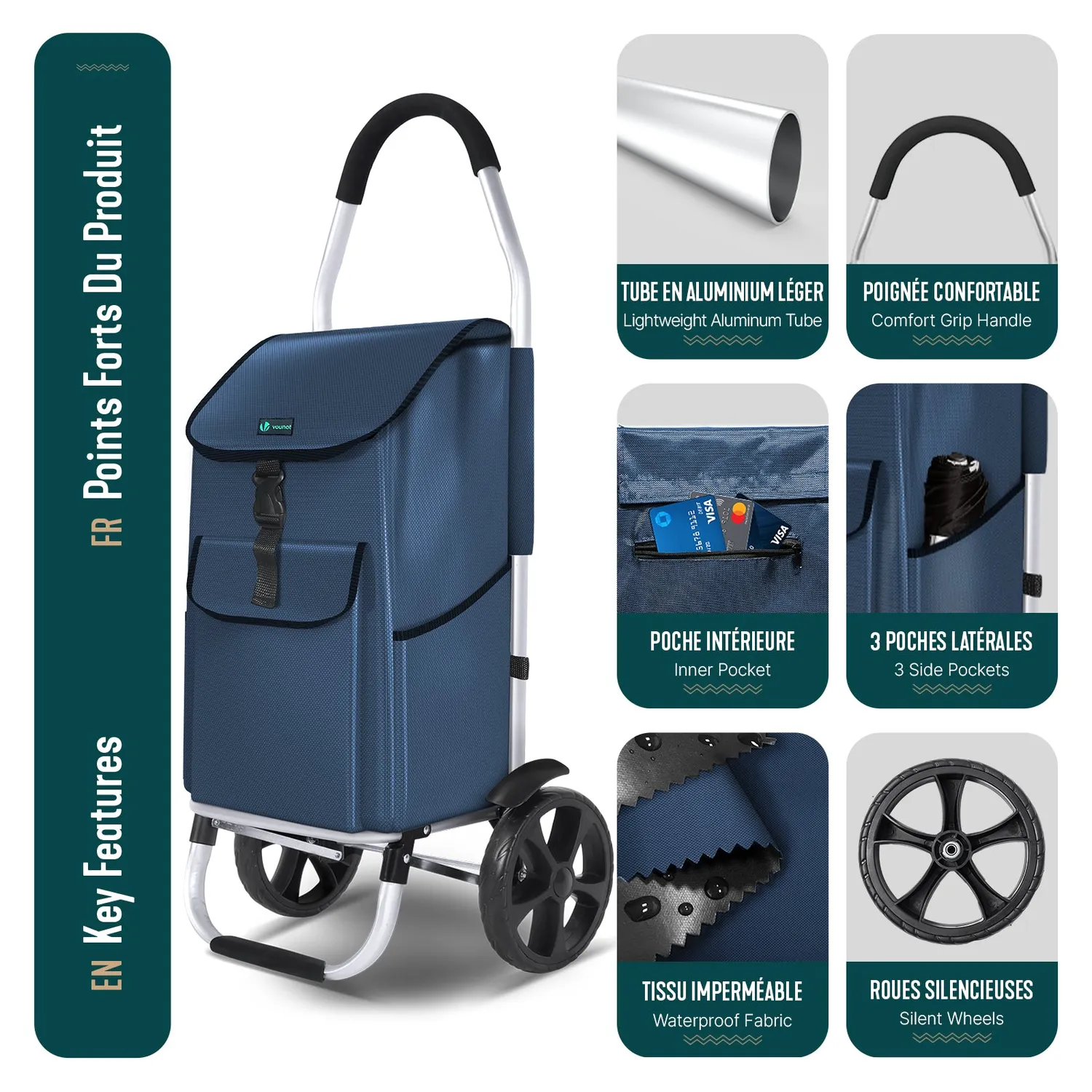 VOUNOT Carrello Spesa Pieghevole Alluminio Blu 58L 40Kg