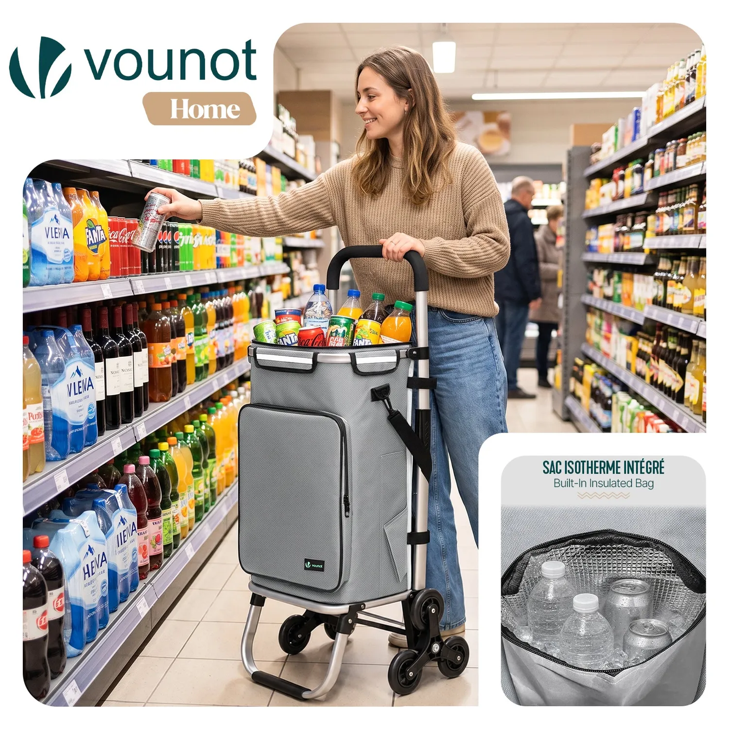 Vounot carrello spesa saliscale pieghevole alluminio grigio 50 L