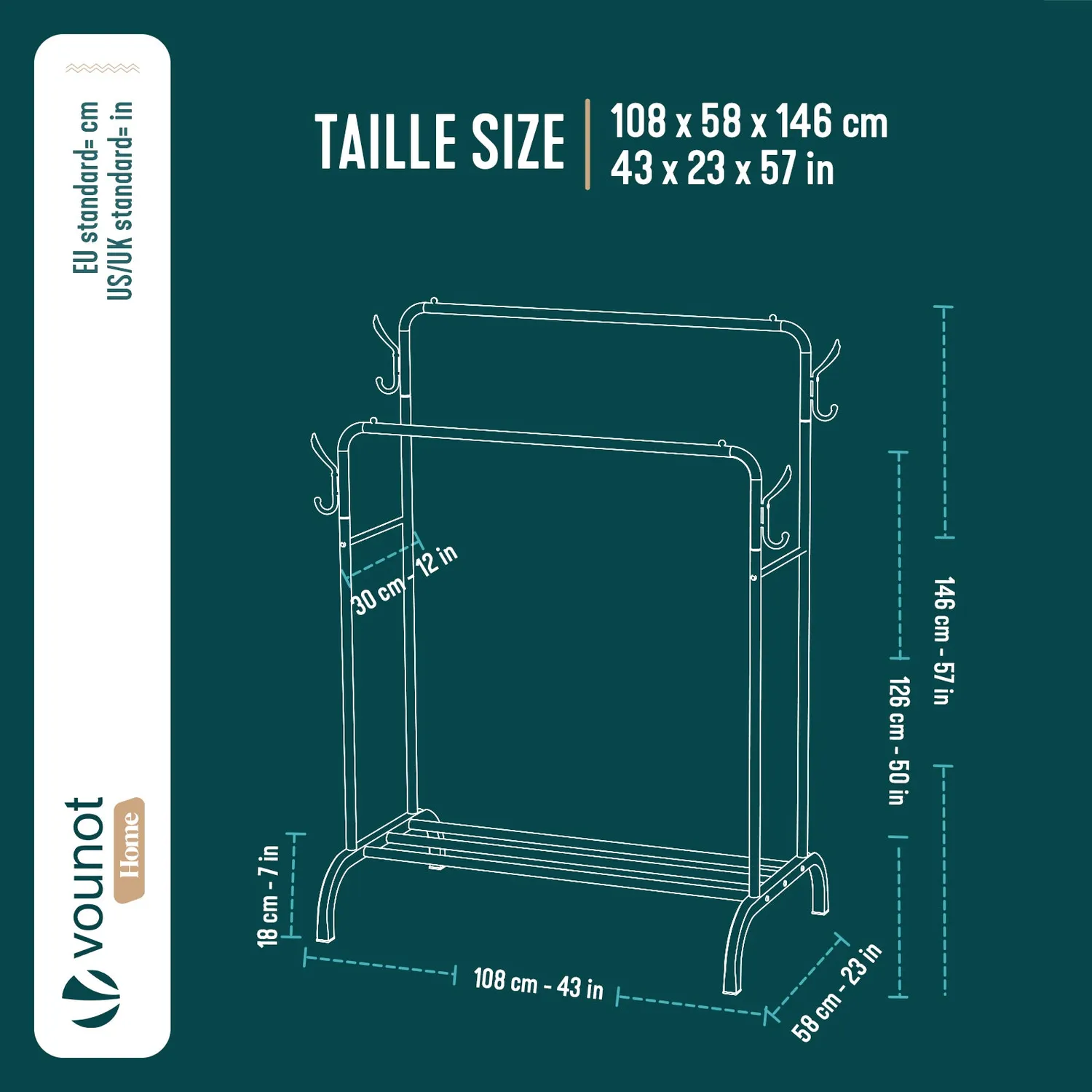 VOUNOT Appendiabiti Doppio Metallo Bianco 108x58x146 cm