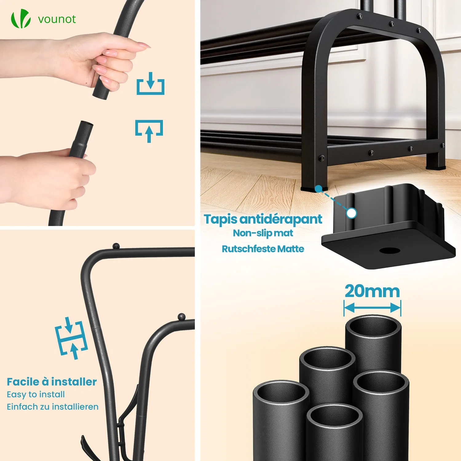 VOUNOT Appendiabiti Doppio Metallo Nero 110x35x146 cm