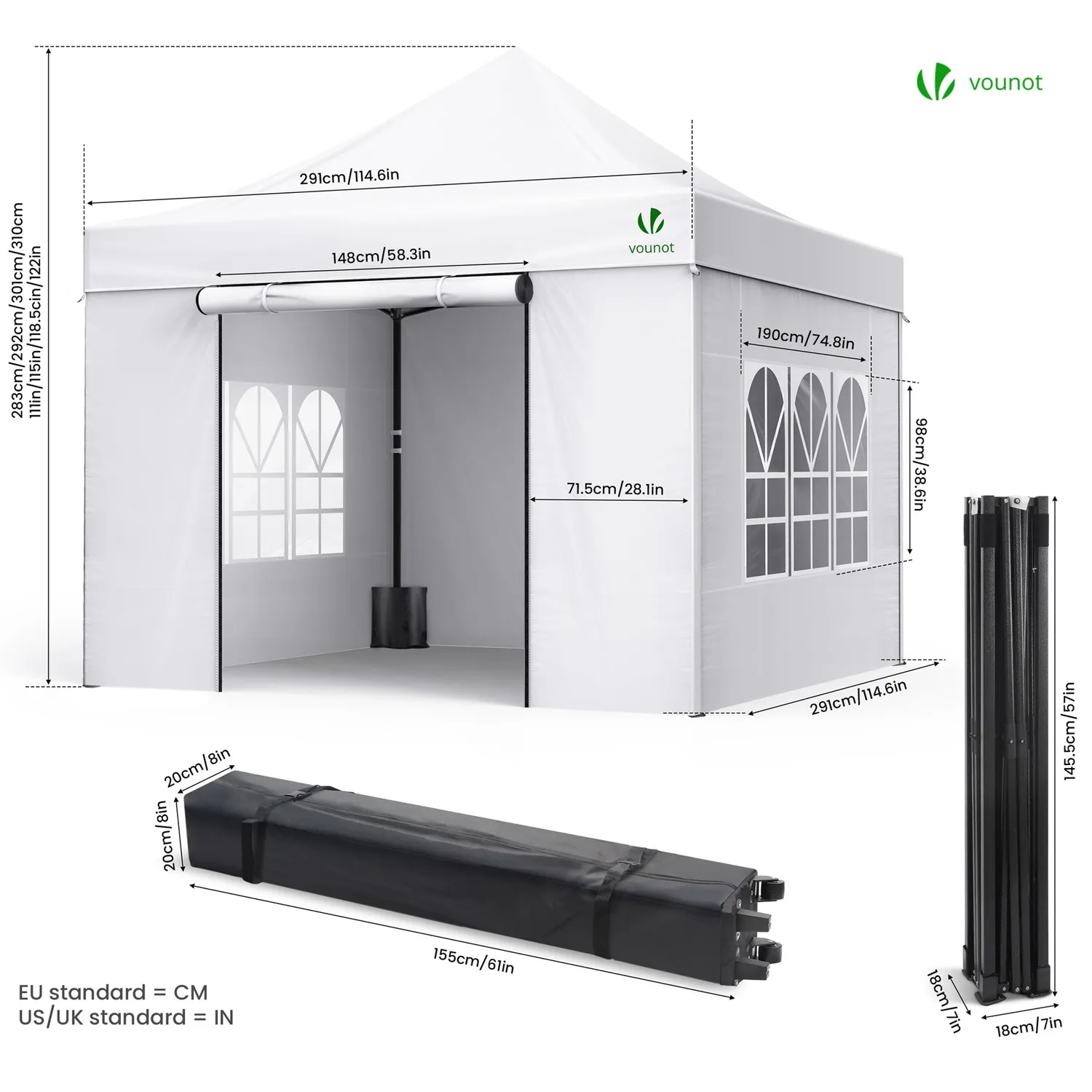 Vounot gazebo pieghevole 3x3 m bianco con 4 pareti