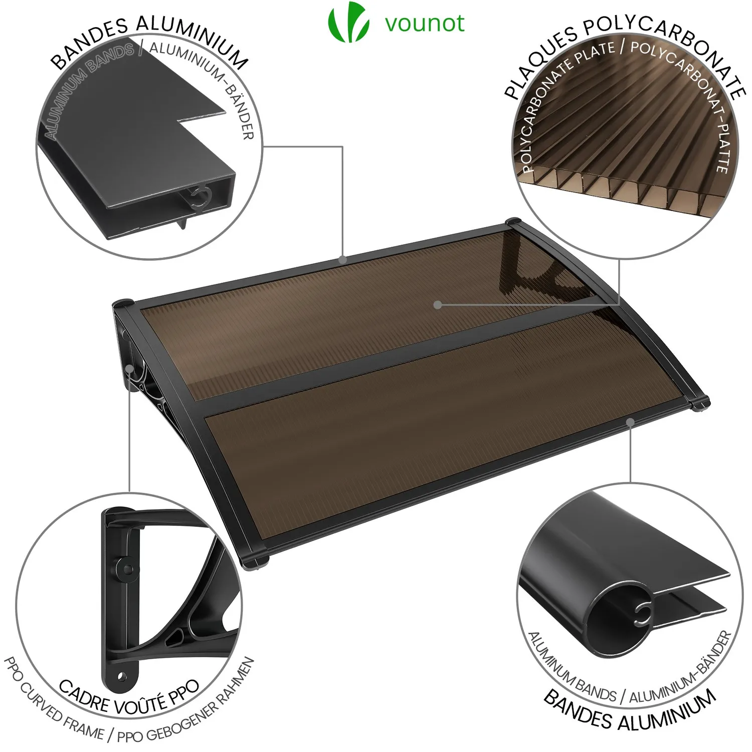 VOUNOT Pensilina porta 120x80 cm policarbonato marrone antipioggia