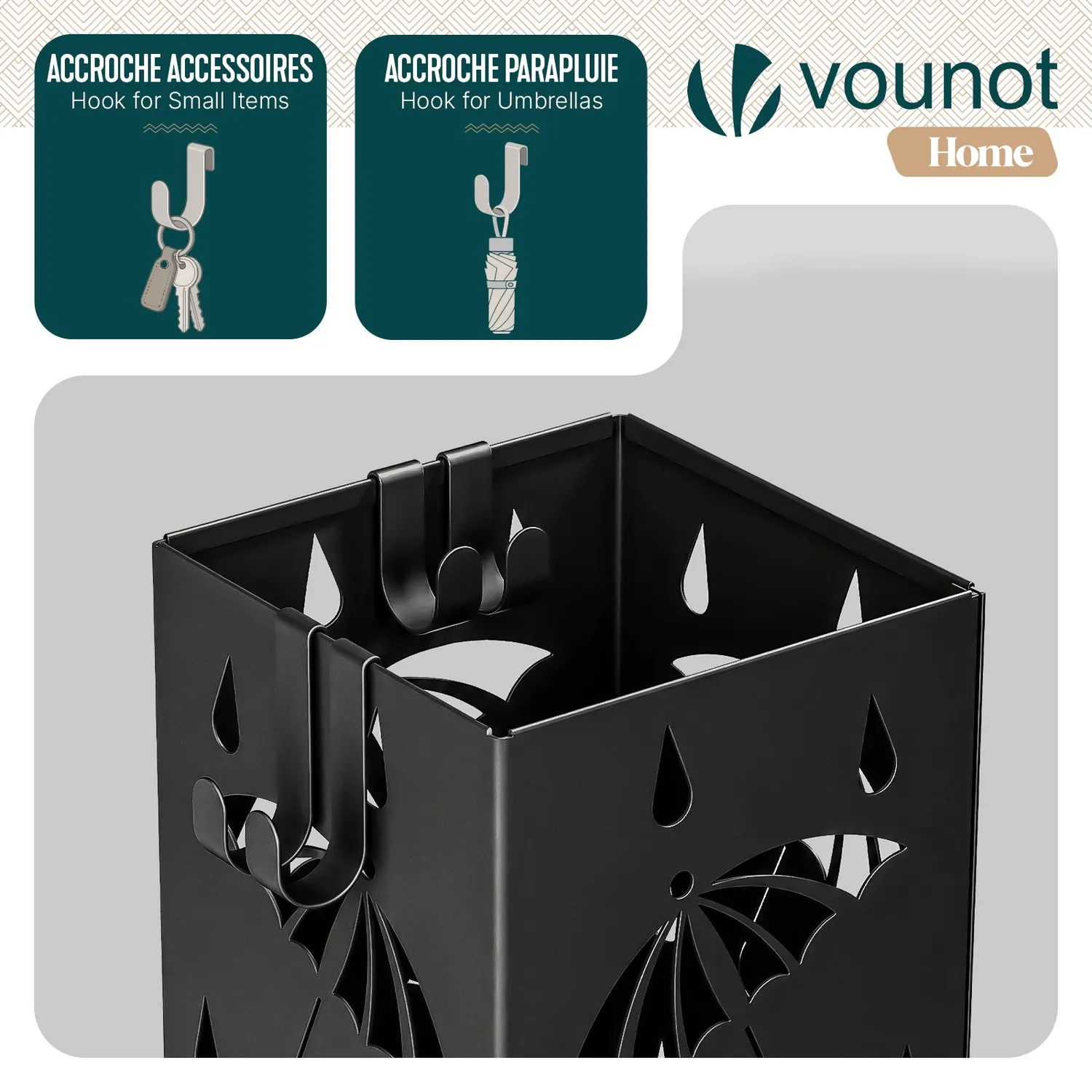 VOUNOT Portaombrelli in Metallo Nero 15,5x15,5x43,5 cm con vaschetta