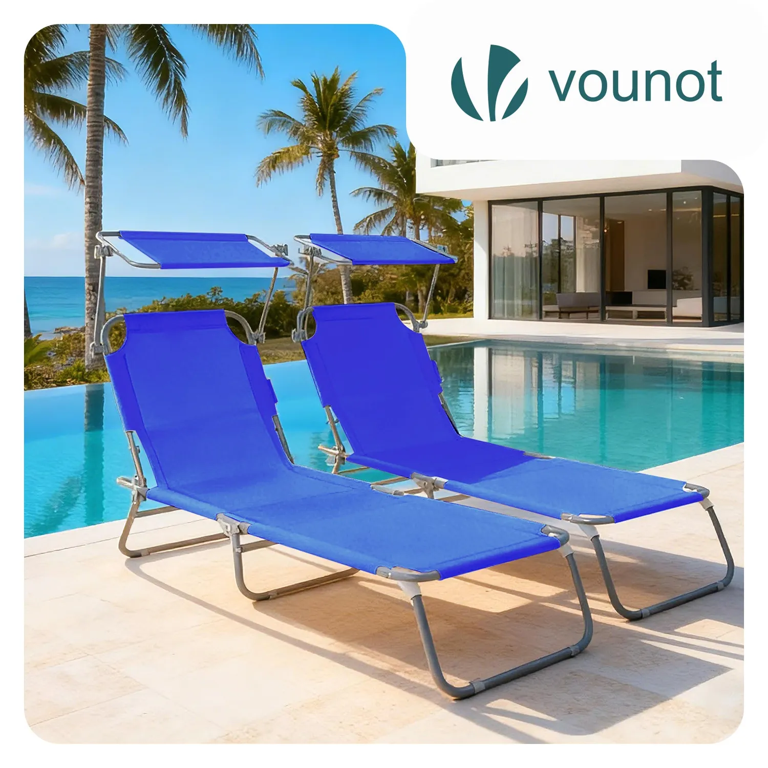 VOUNOT Sdraio Pieghevole con Parasole Blu 2 Pezzi