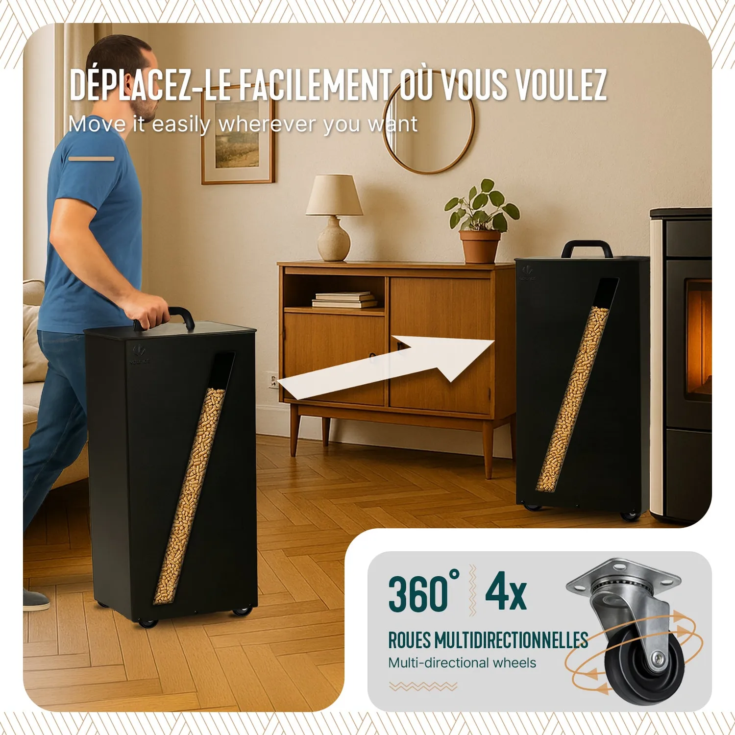 VOUNOT Contenitore Pellet in Metallo Nero 45 kg 36x36x76 cm