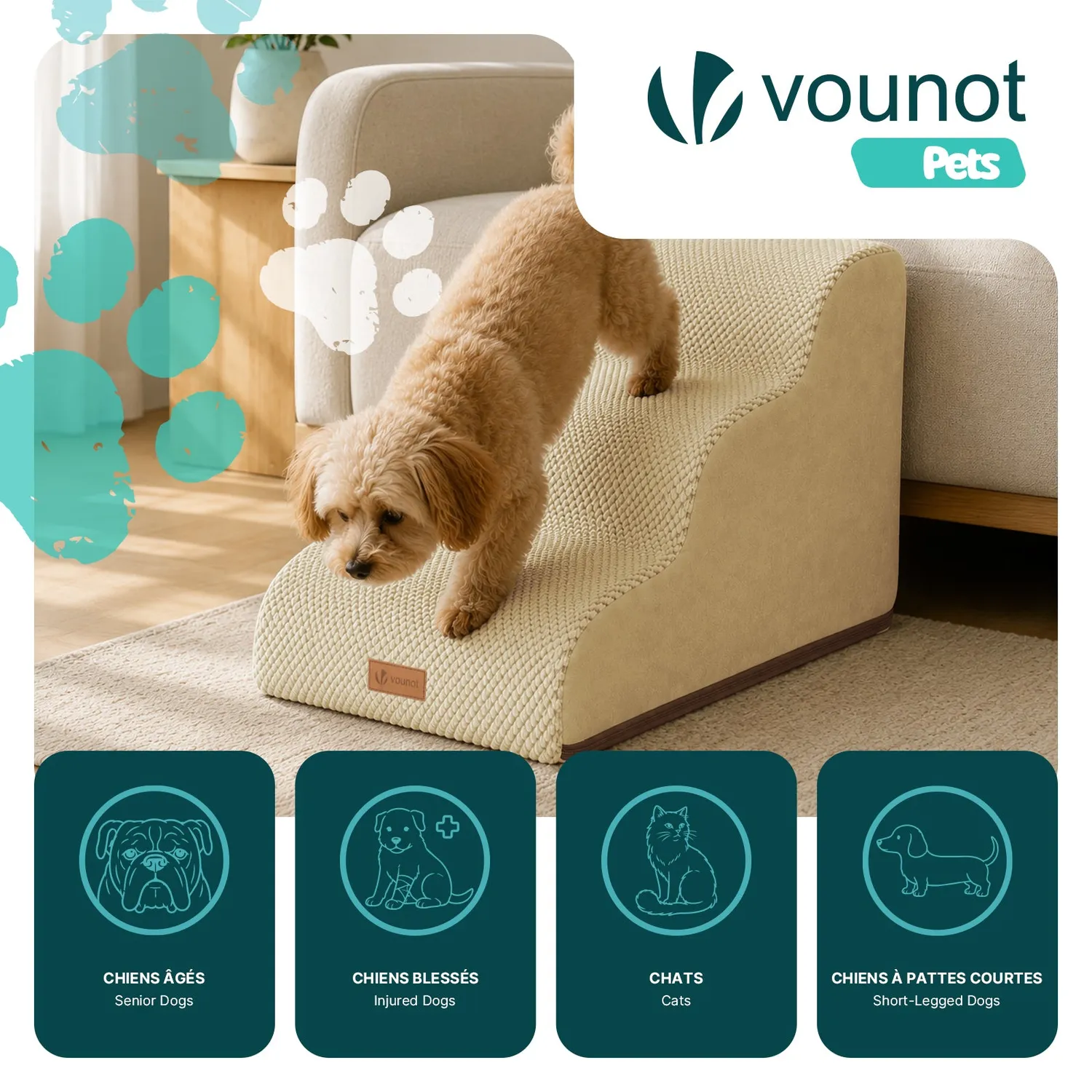 Vounot scala per cani e gatti 3 gradini beige 57x40x40 cm