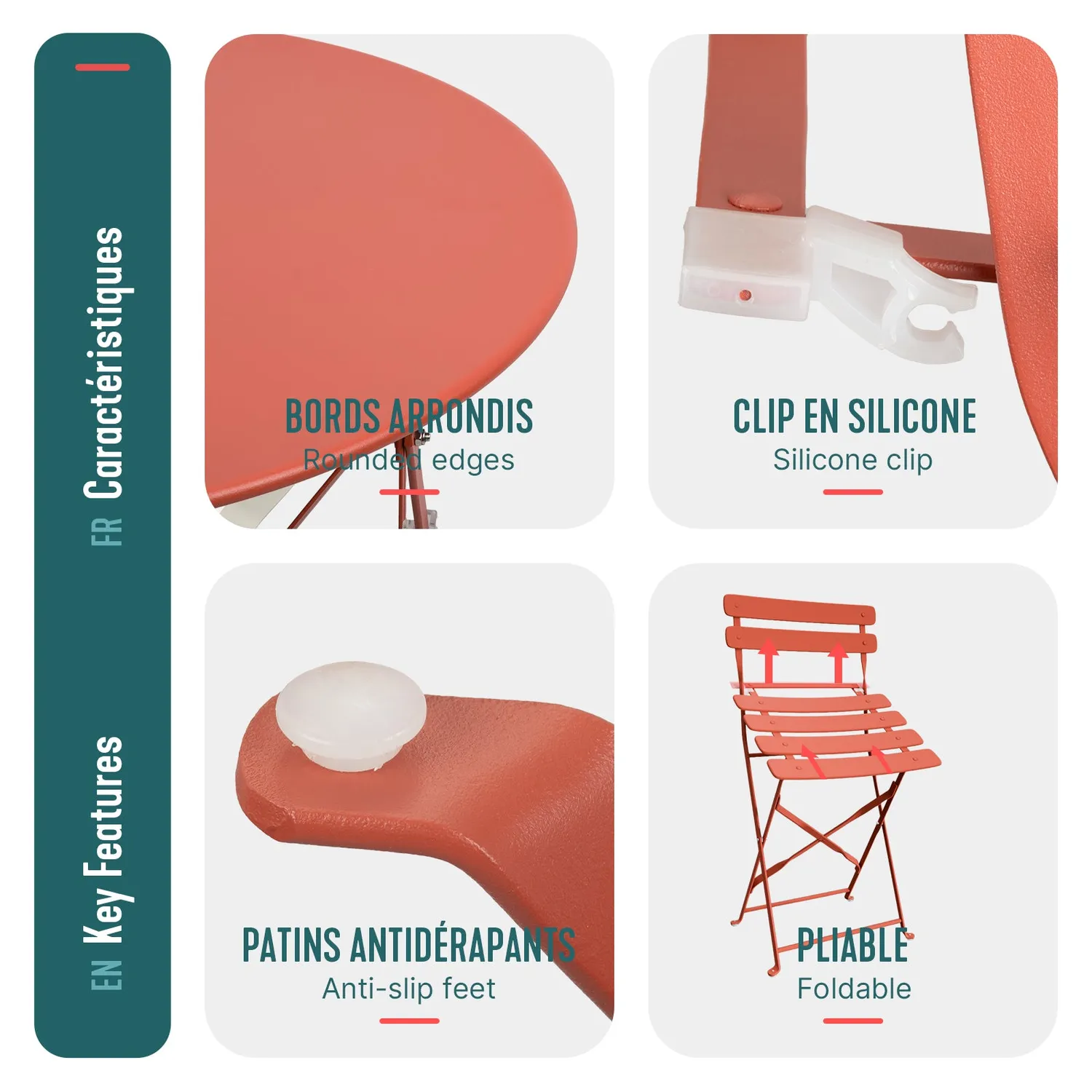 VOUNOT Set Bistrot Metallo Tavolo+2 Sedie Rosso Mattone Pieghevole
