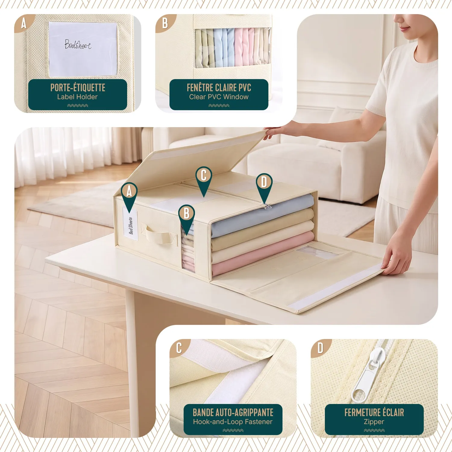 VOUNOT Scatole Lenzuola Pieghevoli Beige 6 Pezzi