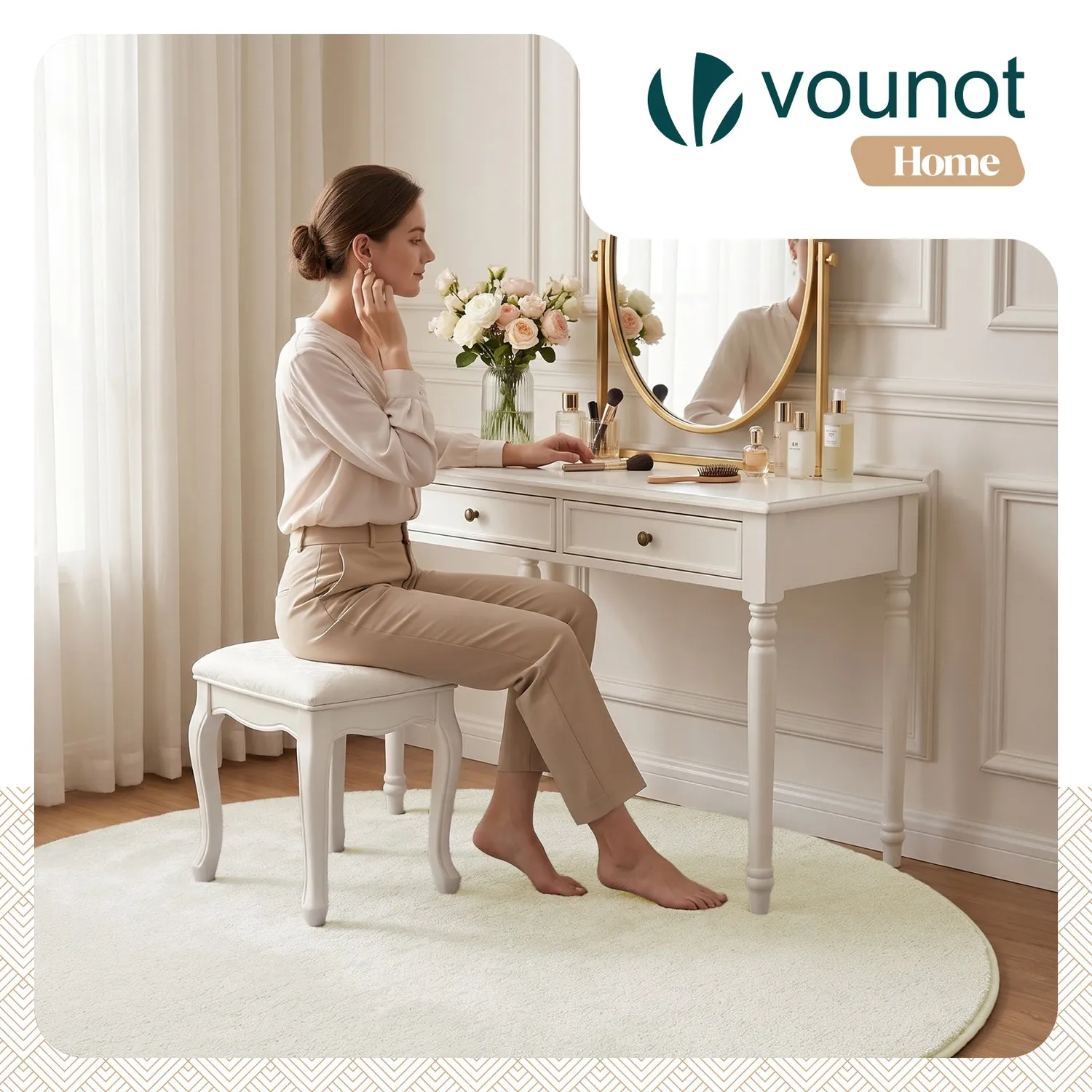 VOUNOT Tappeto Pelo Raso Ø160 cm Crema Antiscivolo