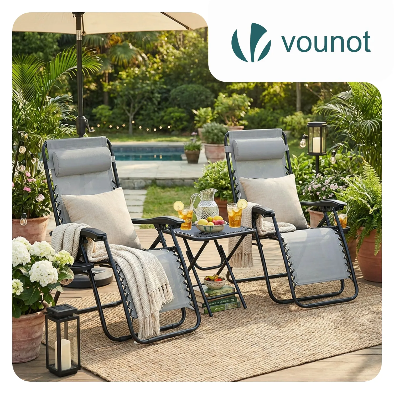 VOUNOT Set 2 Sdraio Textilene Grigie con Tavolino