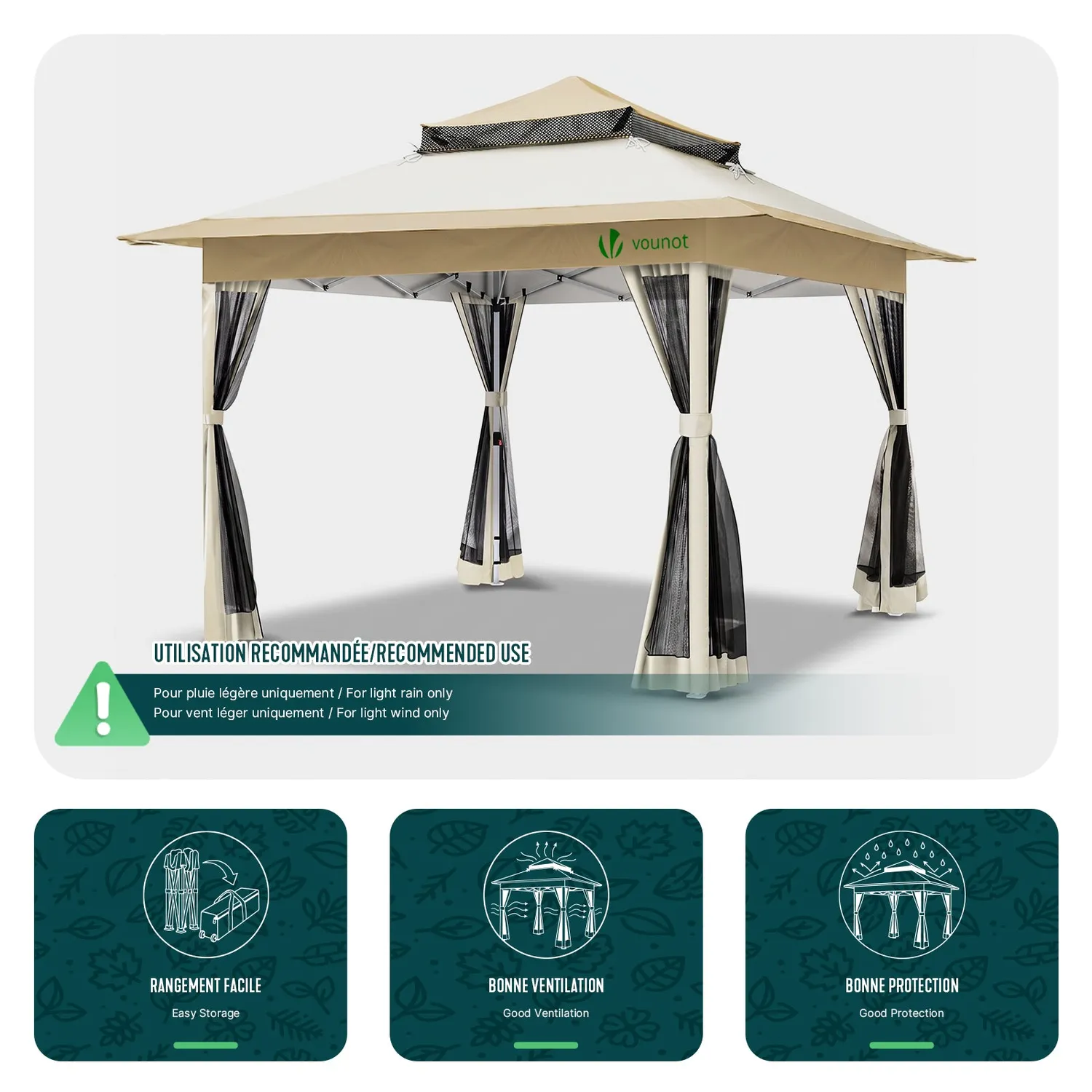 VOUNOT gazebo pieghevole 3,6x3,6 beige zanzariera