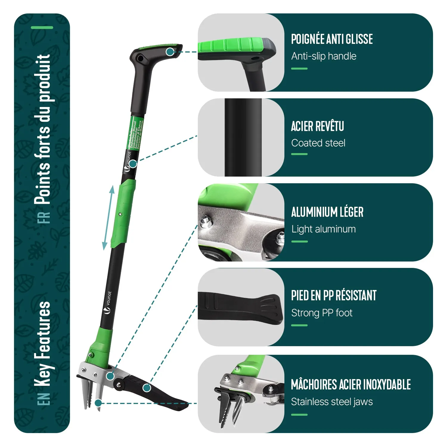 VOUNOT Estirpatore erbacce manuale acciaio 100cm