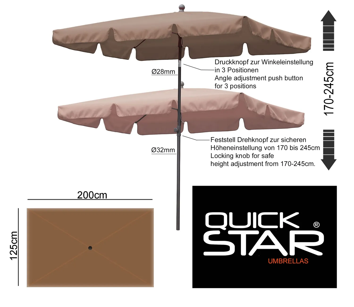 QUICK STAR 200x125 cm ombrellone balcone grigio tortora