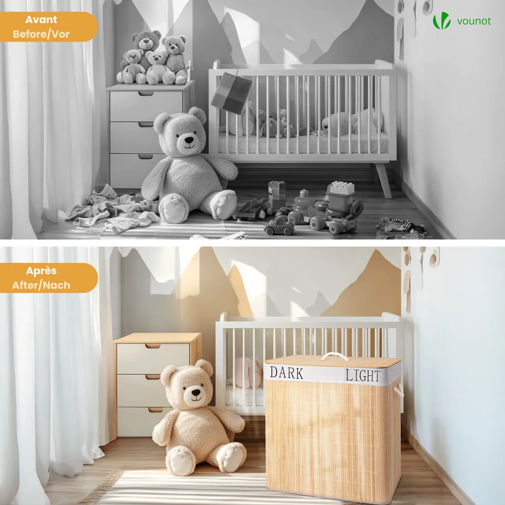 VOUNOT Cesto portabiancheria bambù 150L 60x41x60cm 3 scomparti