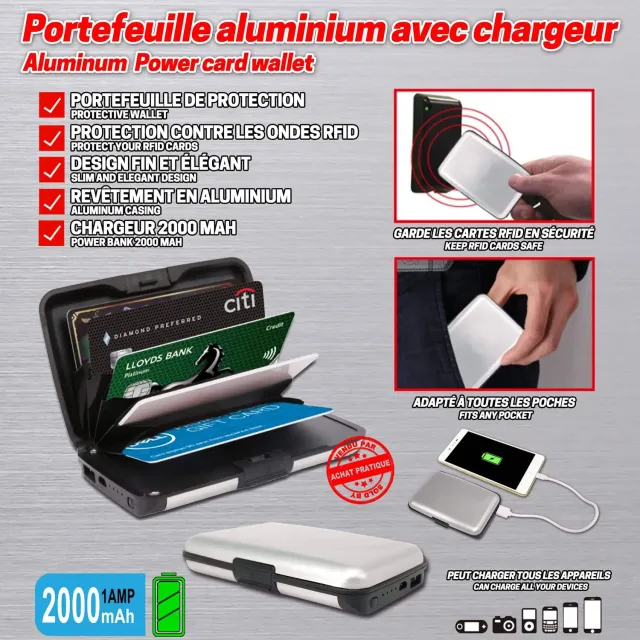 Vounot portafoglio alluminio RFID argento con power bank