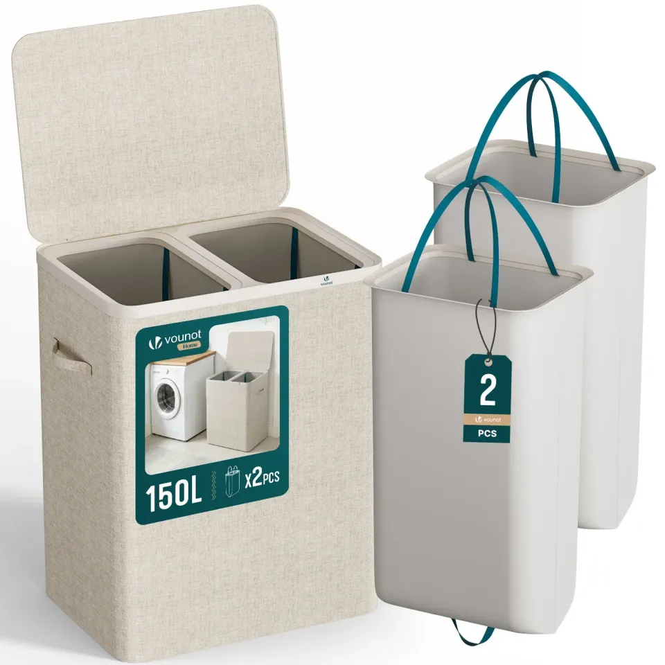 Vounot cesto portabiancheria 150L beige 2 scomparti
