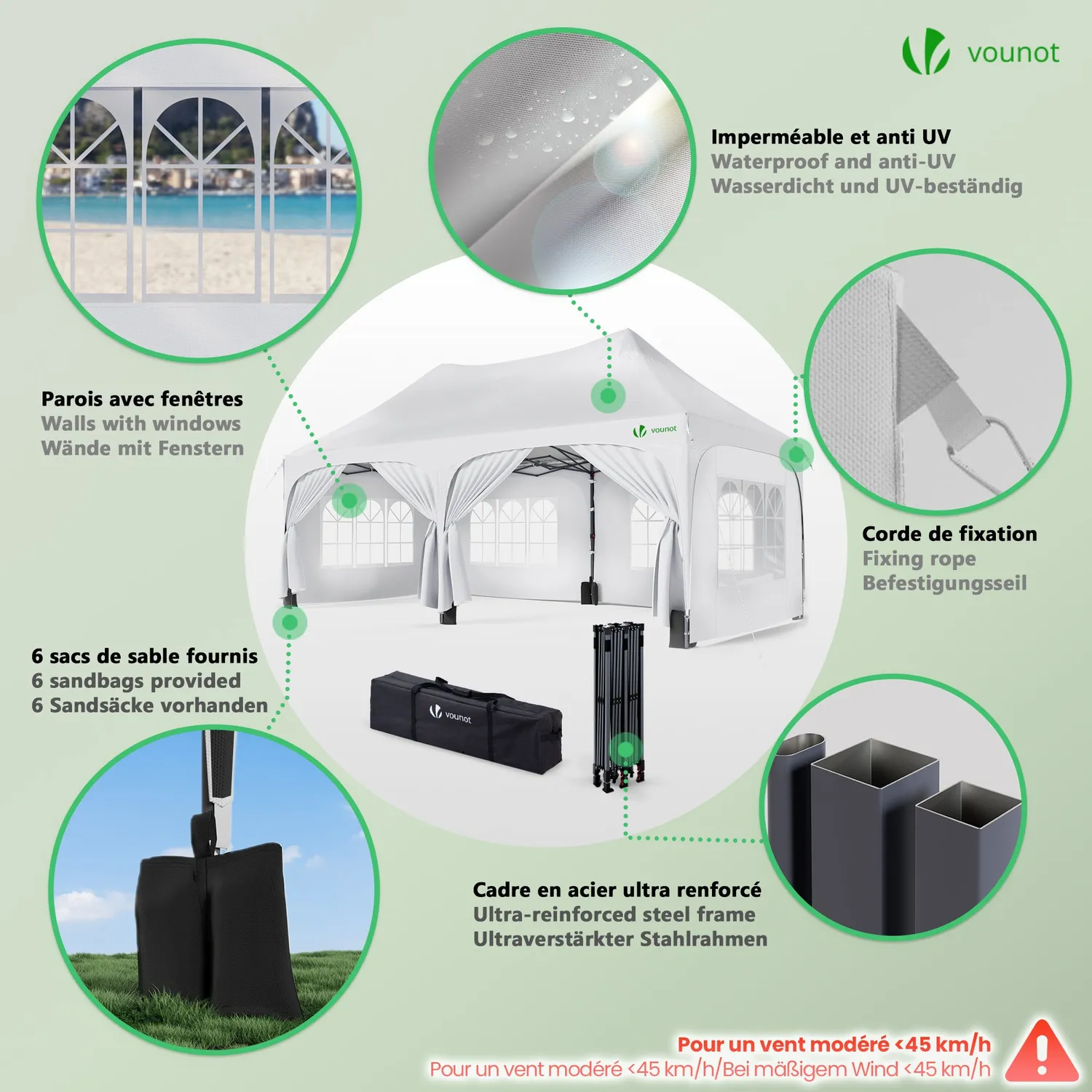 Vounot Gazebo Pieghevole 3x6m Bianco 6 Pareti Impermeabile
