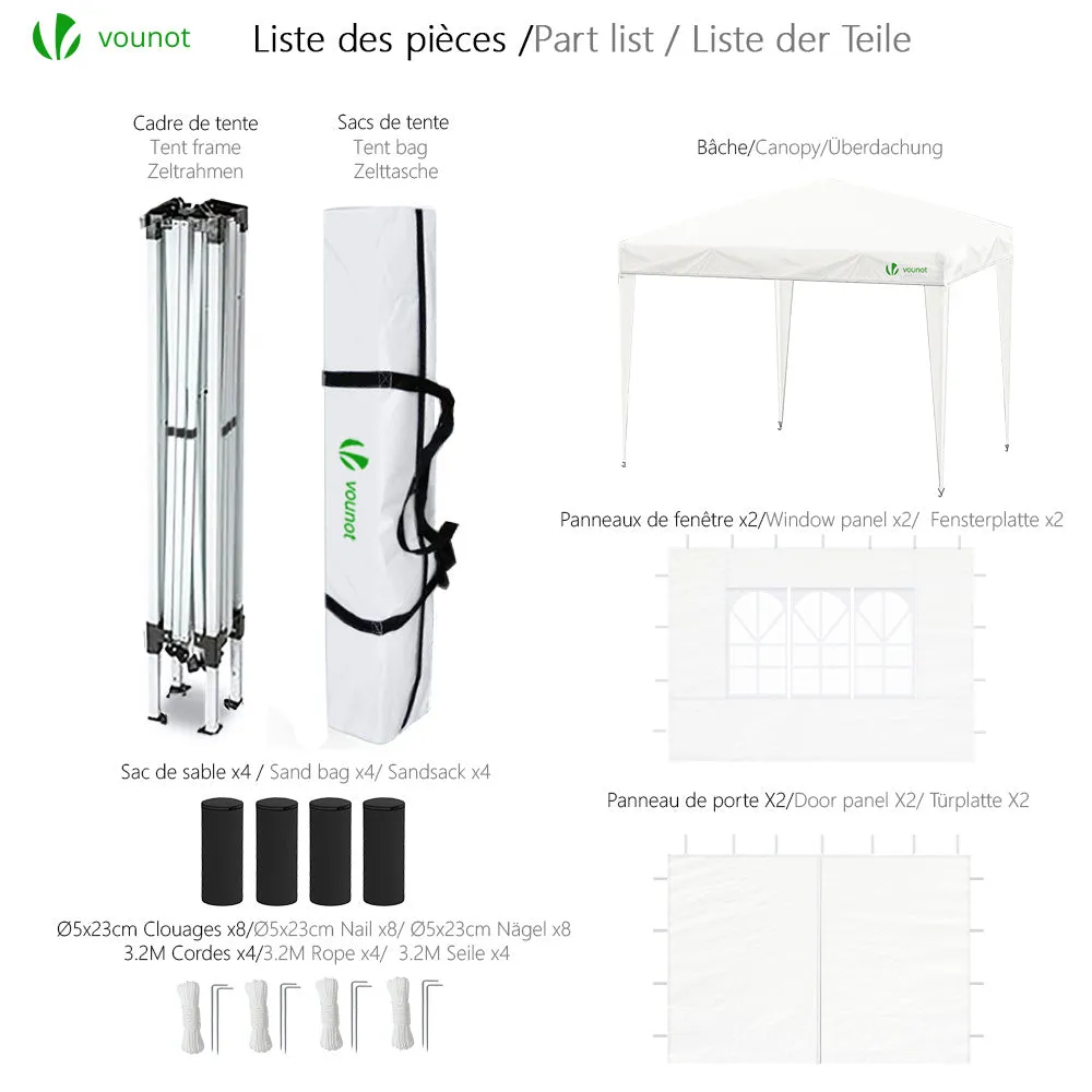 Vounot Gazebo Giardino 3x3m Bianco Pieghevole con Pareti