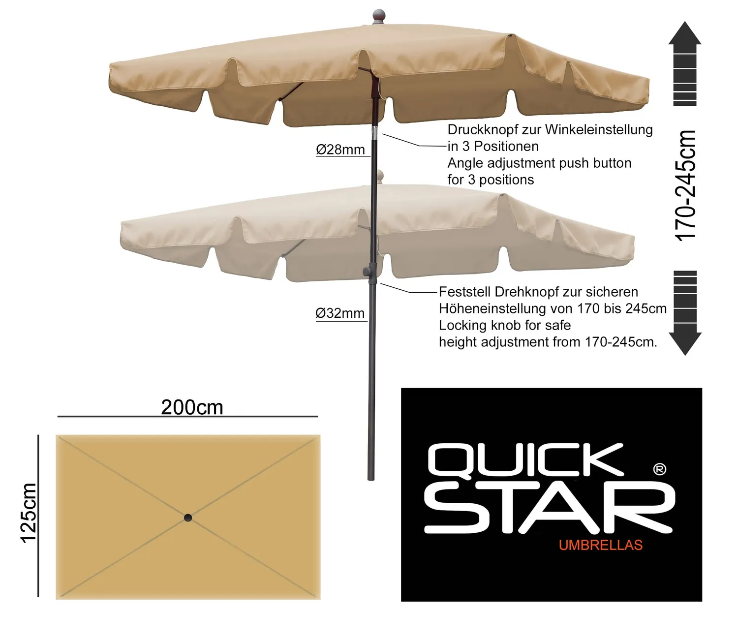 QUICK STAR 200x125 cm ombrellone balcone beige parasole