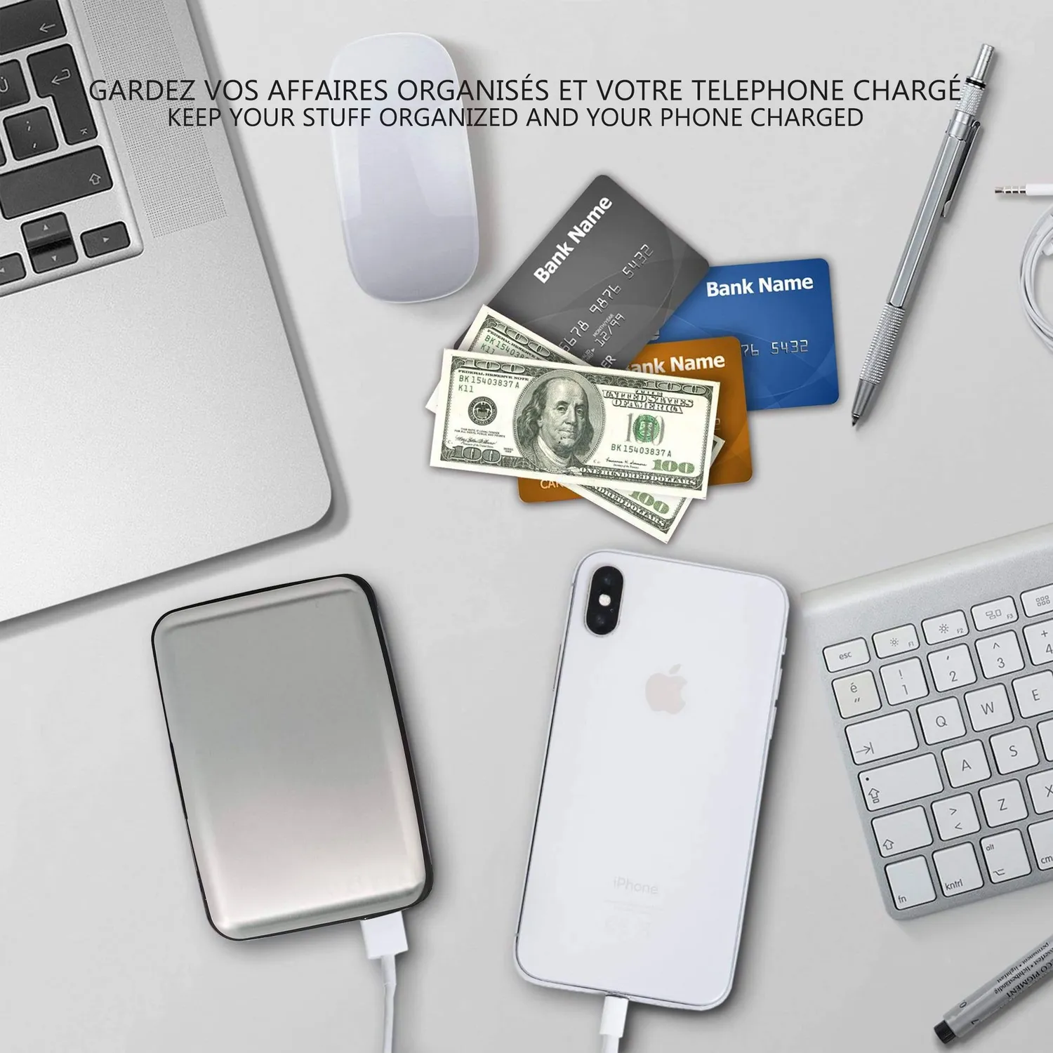 Vounot portafoglio alluminio RFID argento con power bank