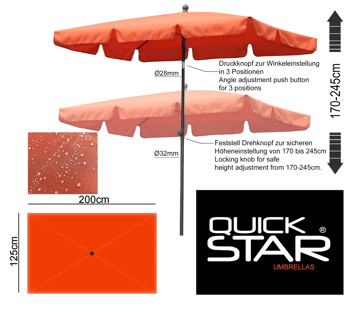 QUICK STAR Ombrellone balcone 2x1,25 m rettangolare terracotta