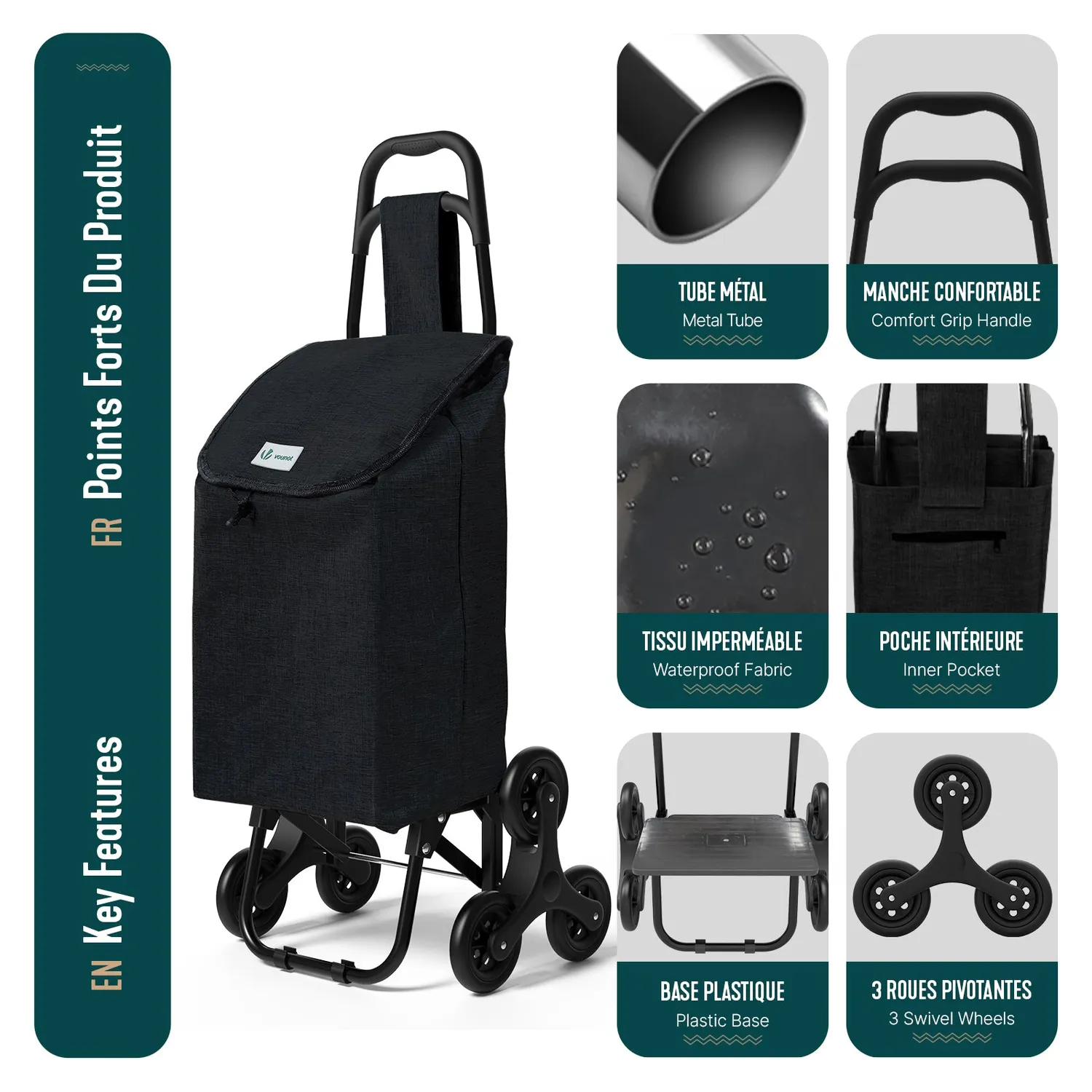 VOUNOT Carrello Spesa Pieghevole Nero 32L Saliscale 30kg