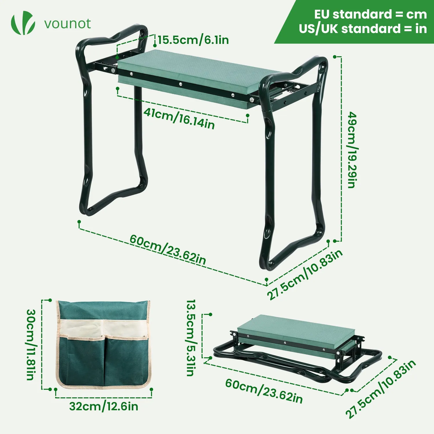 VOUNOT Sgabello ginocchiatoio giardino 2 in 1 verde pieghevole