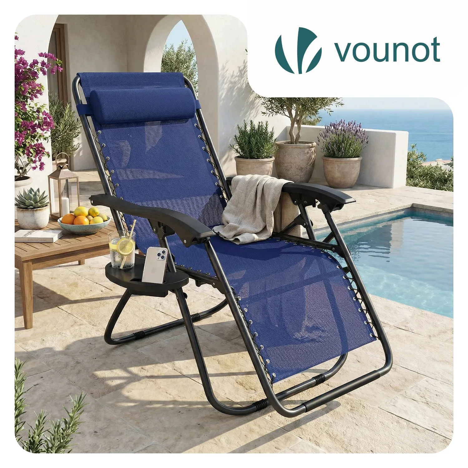 VOUNOT sedia sdraio reclinabile textilene blu portabicchiere