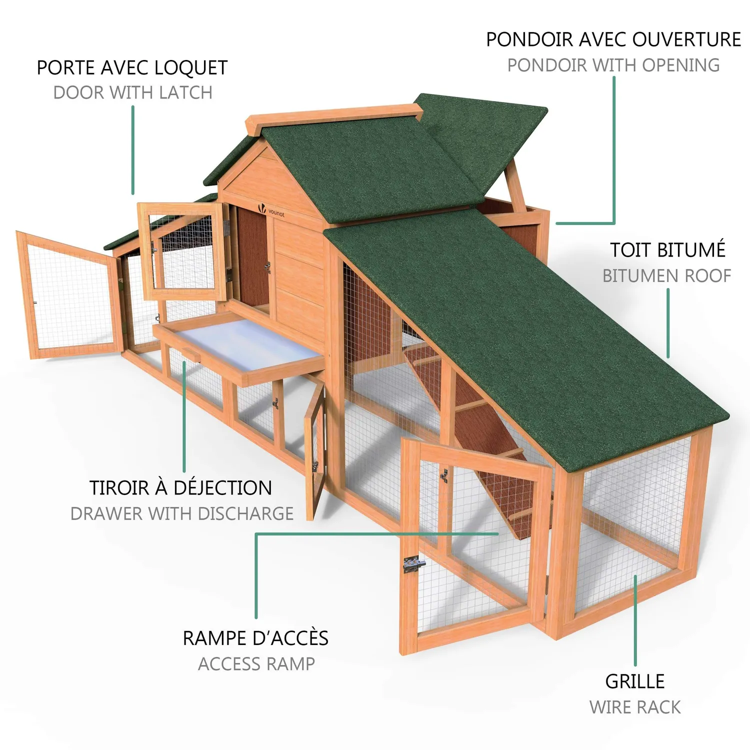 VOUNOT XL pollaio in legno con posatoio per 2 galline nane