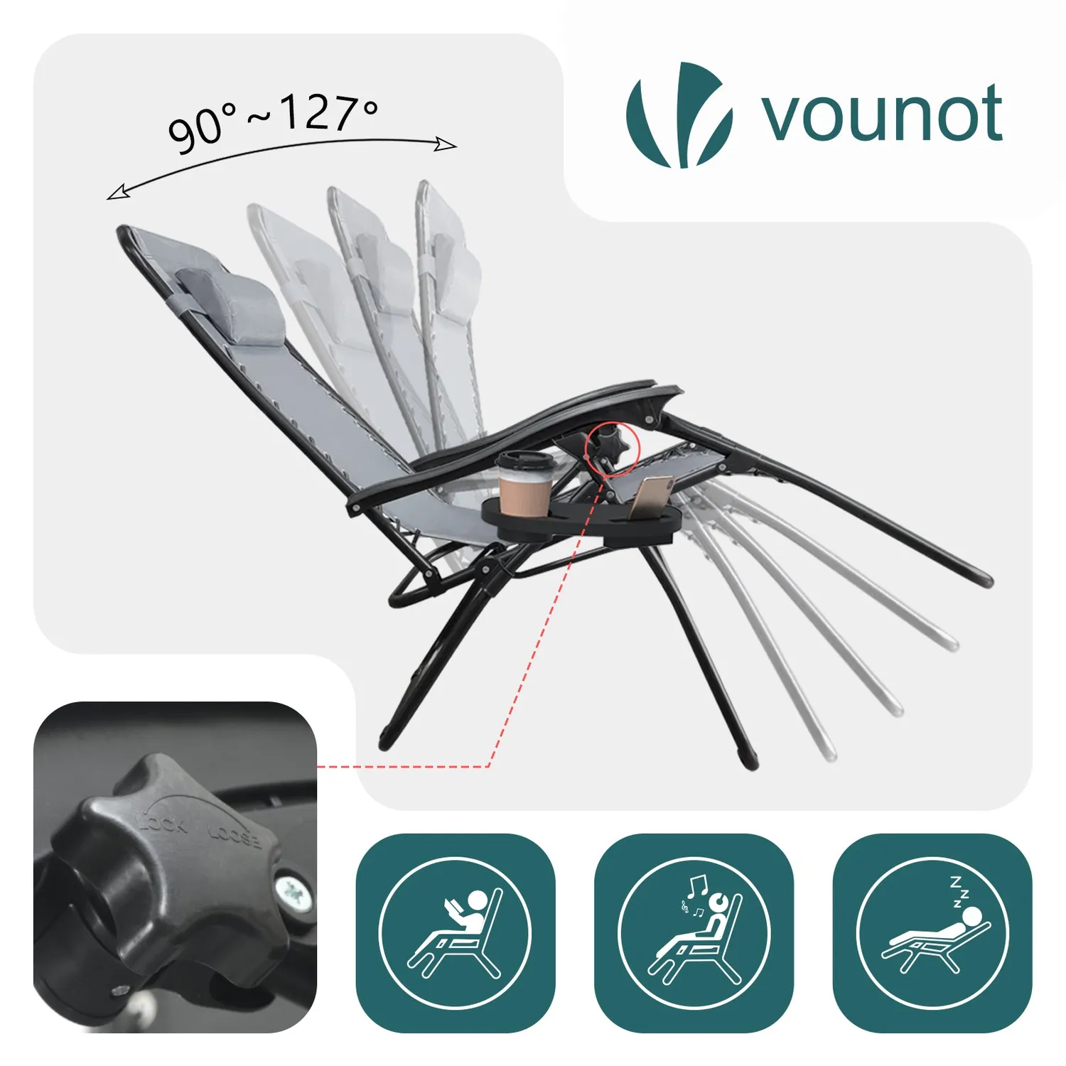VOUNOT Set 2 Sdraio Textilene Grigie con Tavolino