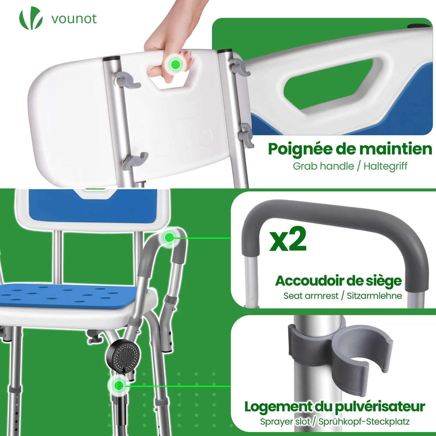 VOUNOT Sedia Doccia Regolabile Alluminio HDPE Blu Altezza